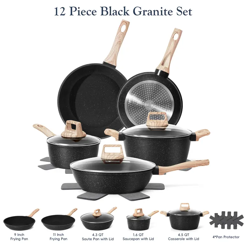 ⭐Juego de utensilios de cocina antiadherentes SODAY, juego de 12 piezas, juego de cocina antiadherente no tóxico y saludable, que incluye sartén, olla para guisos, tapa de vidrio, etc., utensilios de cocina, ¡oferta especial!