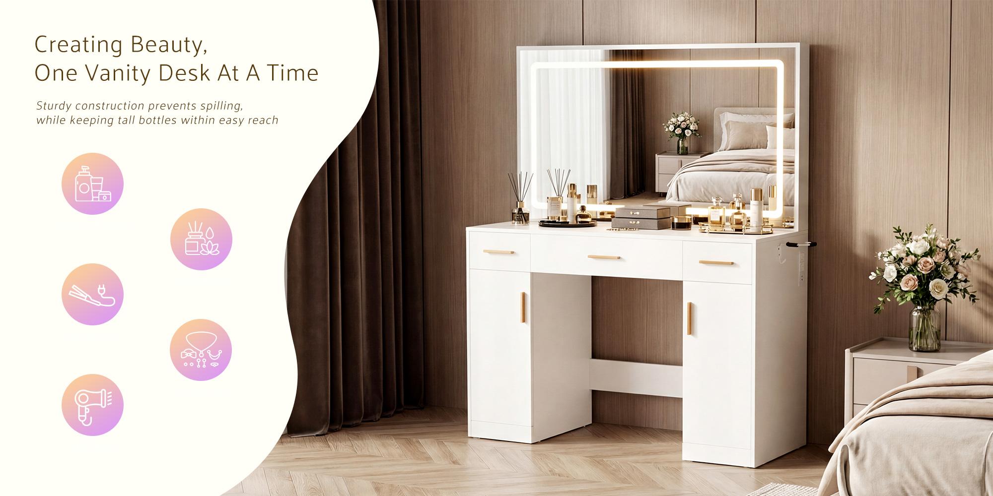 White Vanity Desk with Lighted Mirror & Power Outlet, Makeup Vanity with Drawers, Holder for Bedroom Girls