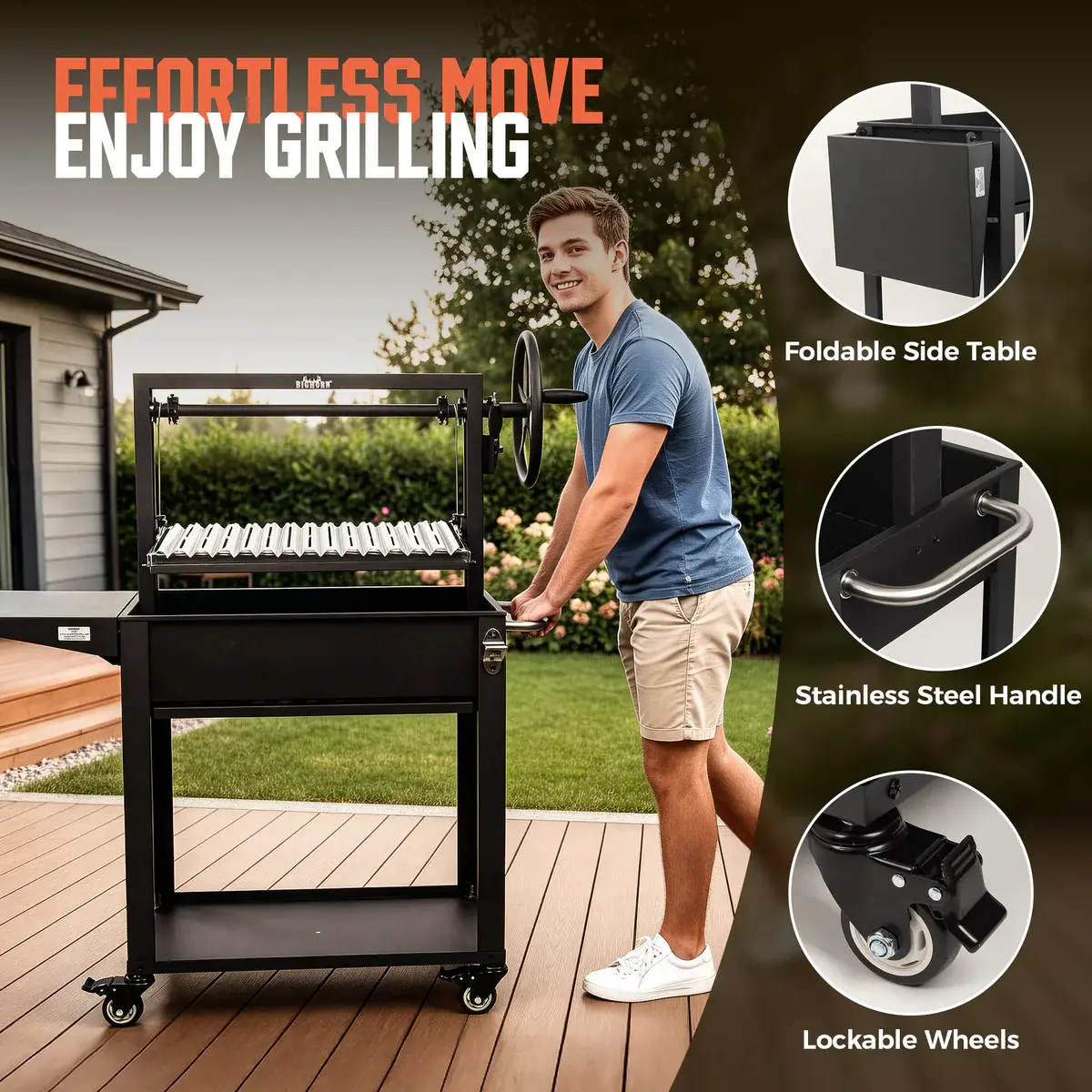 Oferta especial de verano: Parrilla BIG HORN OUTDOORS estilo Santa María argentina: una parrilla abierta de altura regulable y control preciso, diseñada para cocinar en el patio trasero y al aire libre.