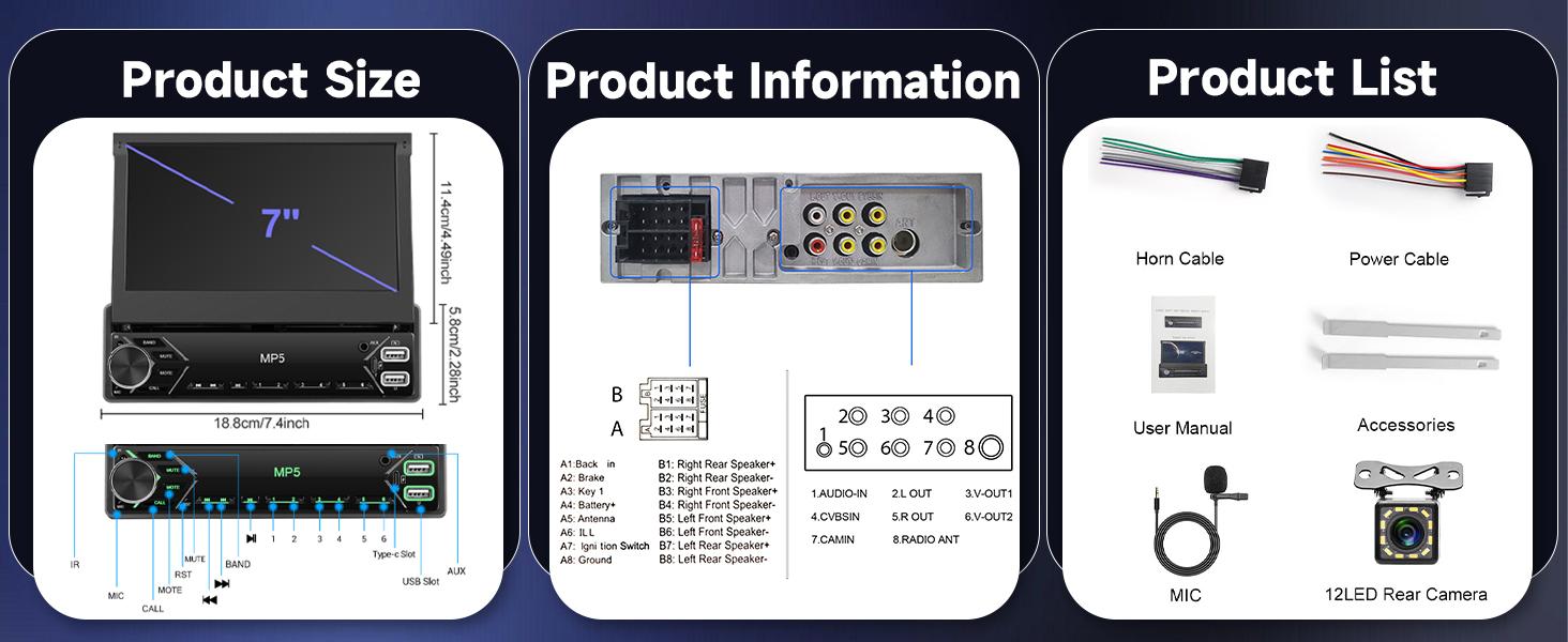 Car Stereo Single Din Touchscreen, 7 Inch Flip Out Car Radio 1 DIN with Bluetooth FM Radio Mirror Link for Android/iOS Phone Support TF/USB + Camera + MIC