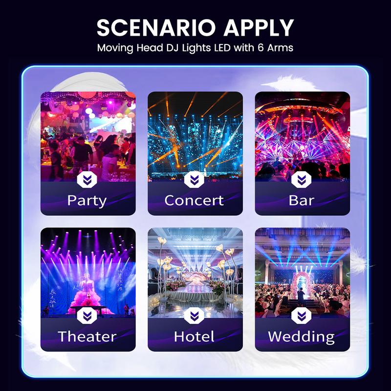 🎙️Cabeza móvil para DJ, ideal para fiestas: foco LED RGBW 6 en 1 de 6 brazos para escenarios. Compatible con DMX-512 y control por voz.