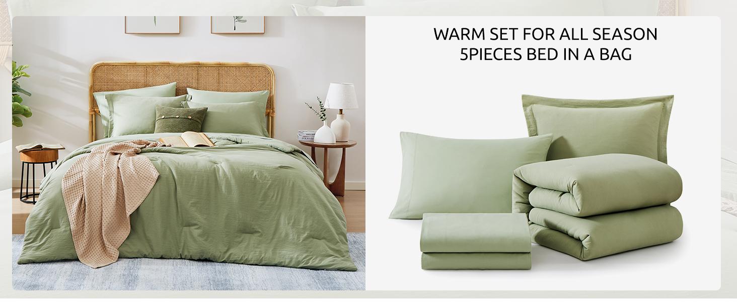 Wrensonge King Size microfiber Comforter Set- 7 Pieces Soft Sage Green Super size Bed in a Bag King with Fitted Sheet, Flat Sheet, 2 Pillow Shams, and 2 Pillowcases- Warm Bed Set for All Season bed comforter set
