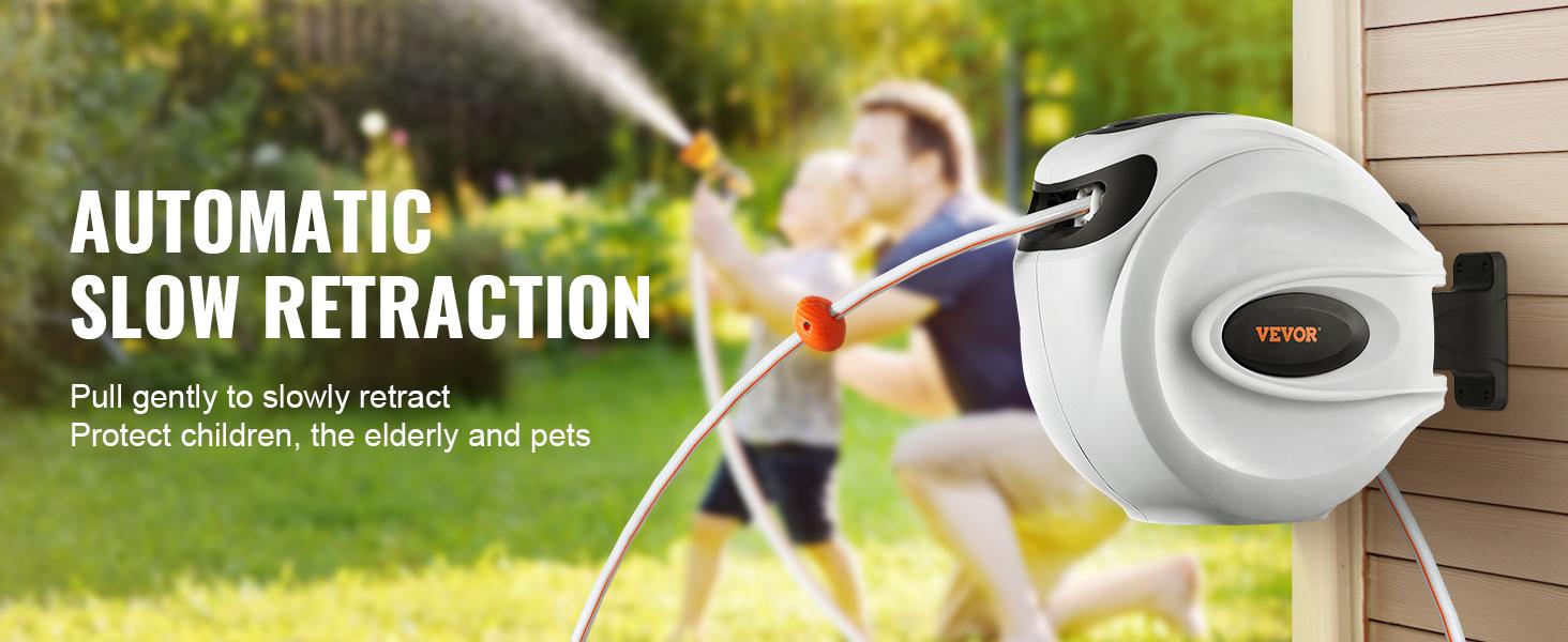 VEVOR Retractable Hose Reel, Max 130 FT / 115 FT / 100FT / 65FT / 84FT Garden Water Hose Reel with 9-Pattern Nozzle, 180° Swivel Bracket Wall-Mounted, Automatic Rewind, Lock at Any Length, with Slow Return System VEVOR Super Brand Day