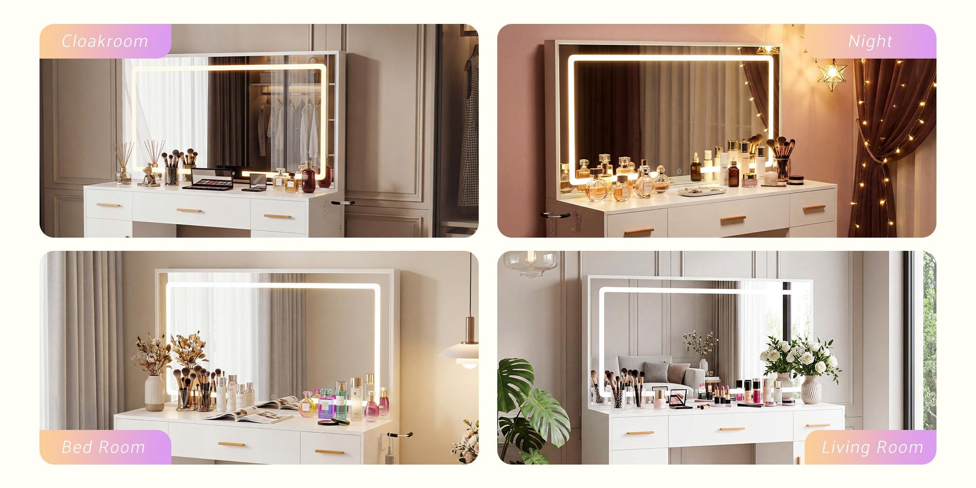 White Vanity Desk with Lighted Mirror & Power Outlet, Makeup Vanity with Drawers, Holder for Bedroom Girls