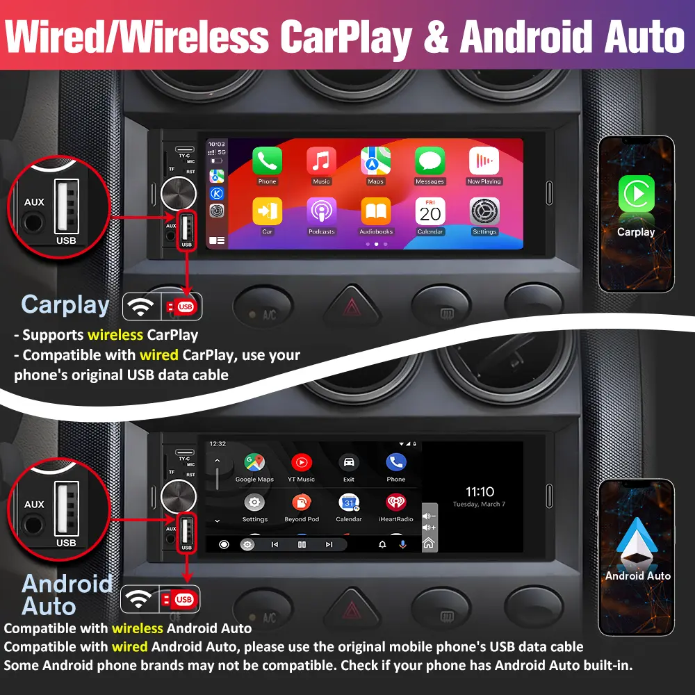 El sistema de audio para automóvil Junsun de un solo DIN es compatible con CarPlay y Android Auto, e incluye cámara de marcha atrás, radio FM e interfaz Tipo-C.