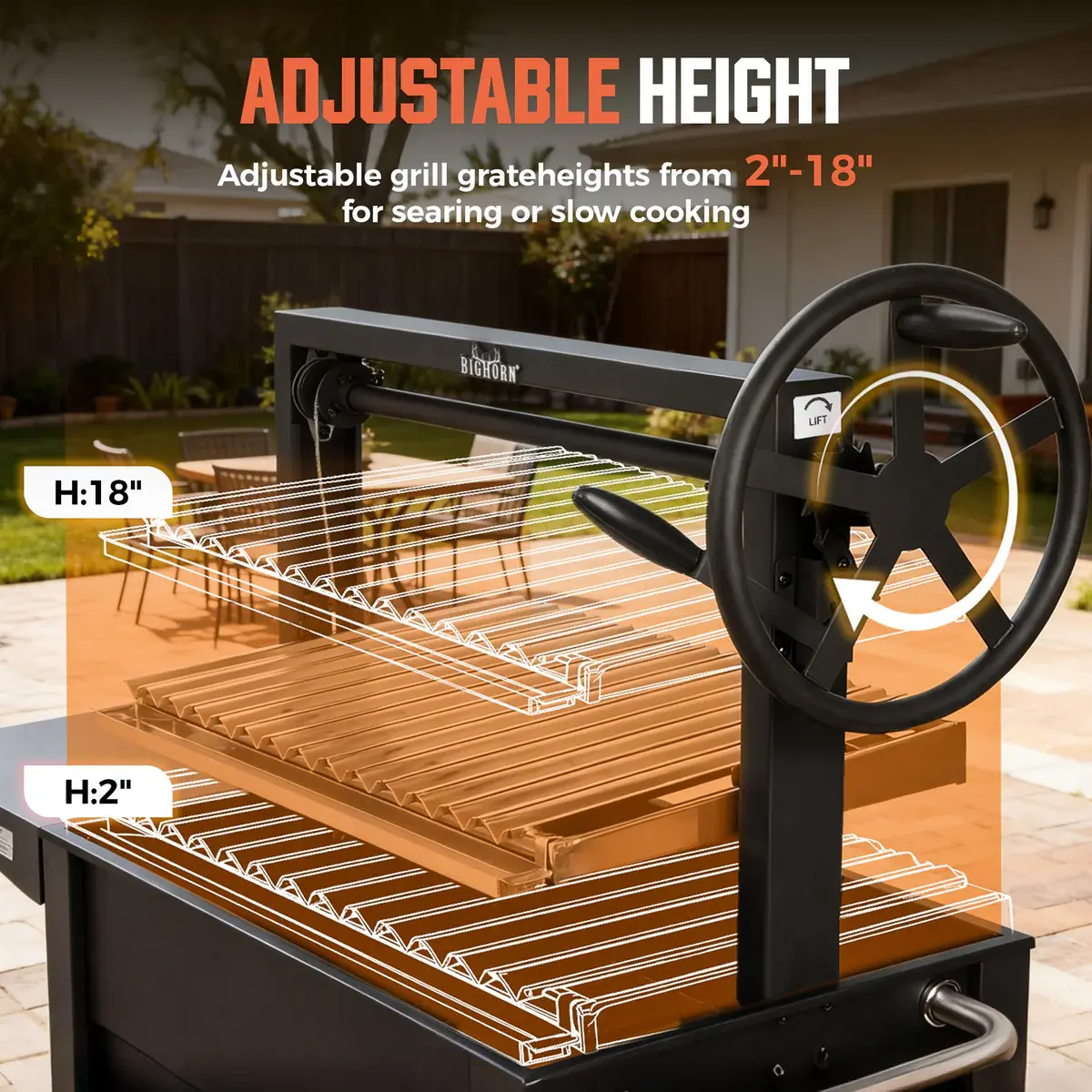 Oferta especial de verano: Parrilla BIG HORN OUTDOORS estilo Santa María argentina: una parrilla abierta de altura regulable y control preciso, diseñada para cocinar en el patio trasero y al aire libre.