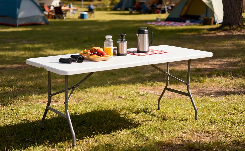 FWTI DEAL 6 Feet Foldable Table (6ft Folding Table & Tablecloth Set: ZB-6FT), Built in Carrying Handle & Alloy Steel Legs, Heavy Duty Portable for Party, Dining, Wedding, Events, Picnic, Indoor, Outdoor, Camping, Utility - White