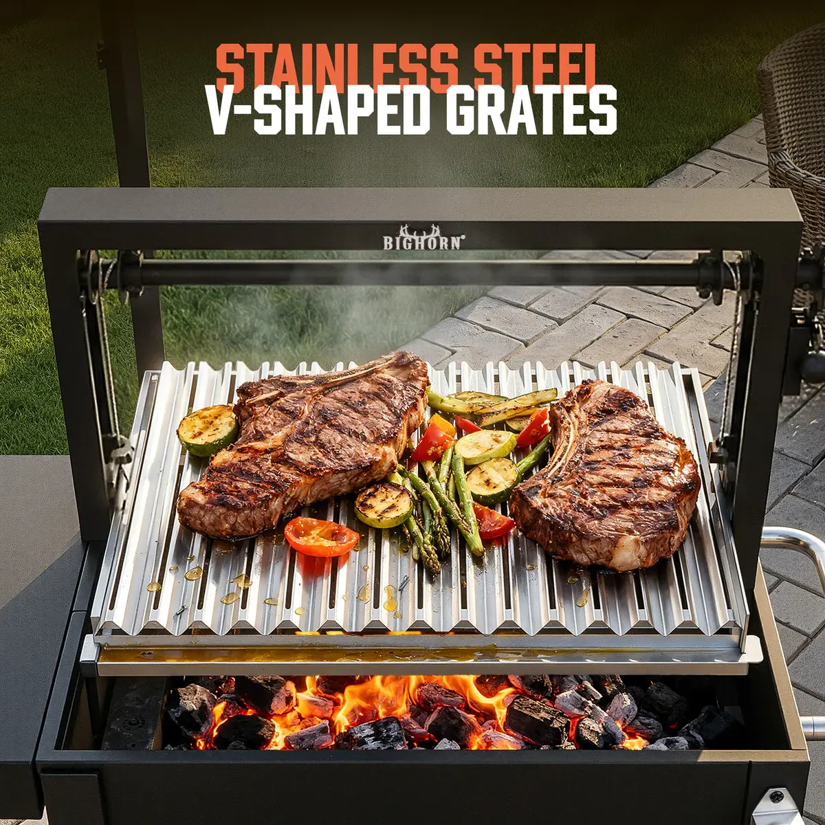 Oferta especial de verano: Parrilla BIG HORN OUTDOORS estilo Santa María argentina: una parrilla abierta de altura regulable y control preciso, diseñada para cocinar en el patio trasero y al aire libre.