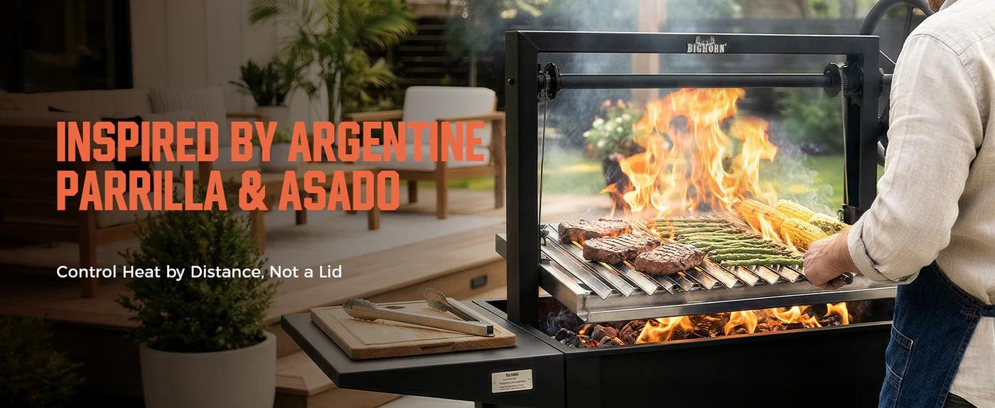 Memorial Day Sales BIG HORN OUTDOORS Argentine Santa Maria  Style BBQ Grill, Adjustable Height Open Fire Grill with Precision Control, Heavy Duty for Backyard & Outdoor Cooking outdoorfun