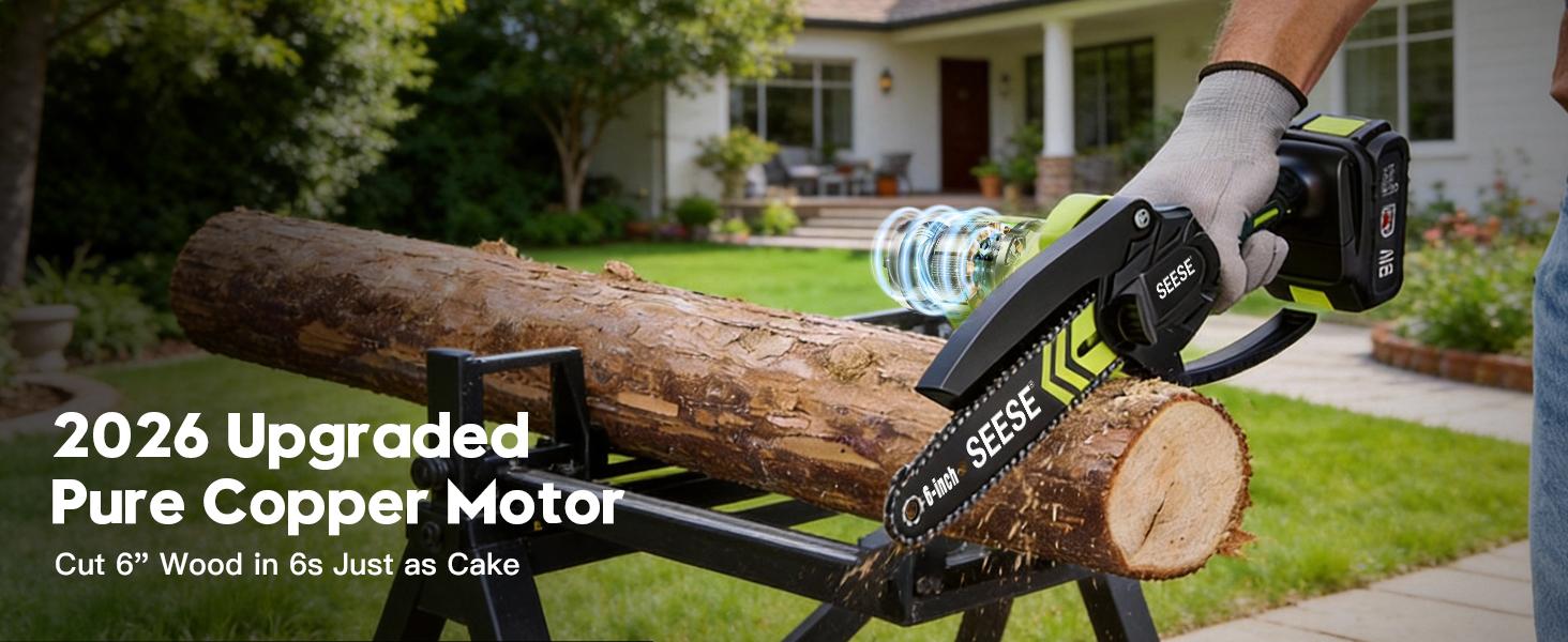 SEESE Brushless Mini ChainSaw Oil System- Portable Electric Cordless Saw for Wood Cutting, Batteries (2000mAh) ,Pruning, Gardening, Camping - Suitable for Seniors, Women Holiday gifts