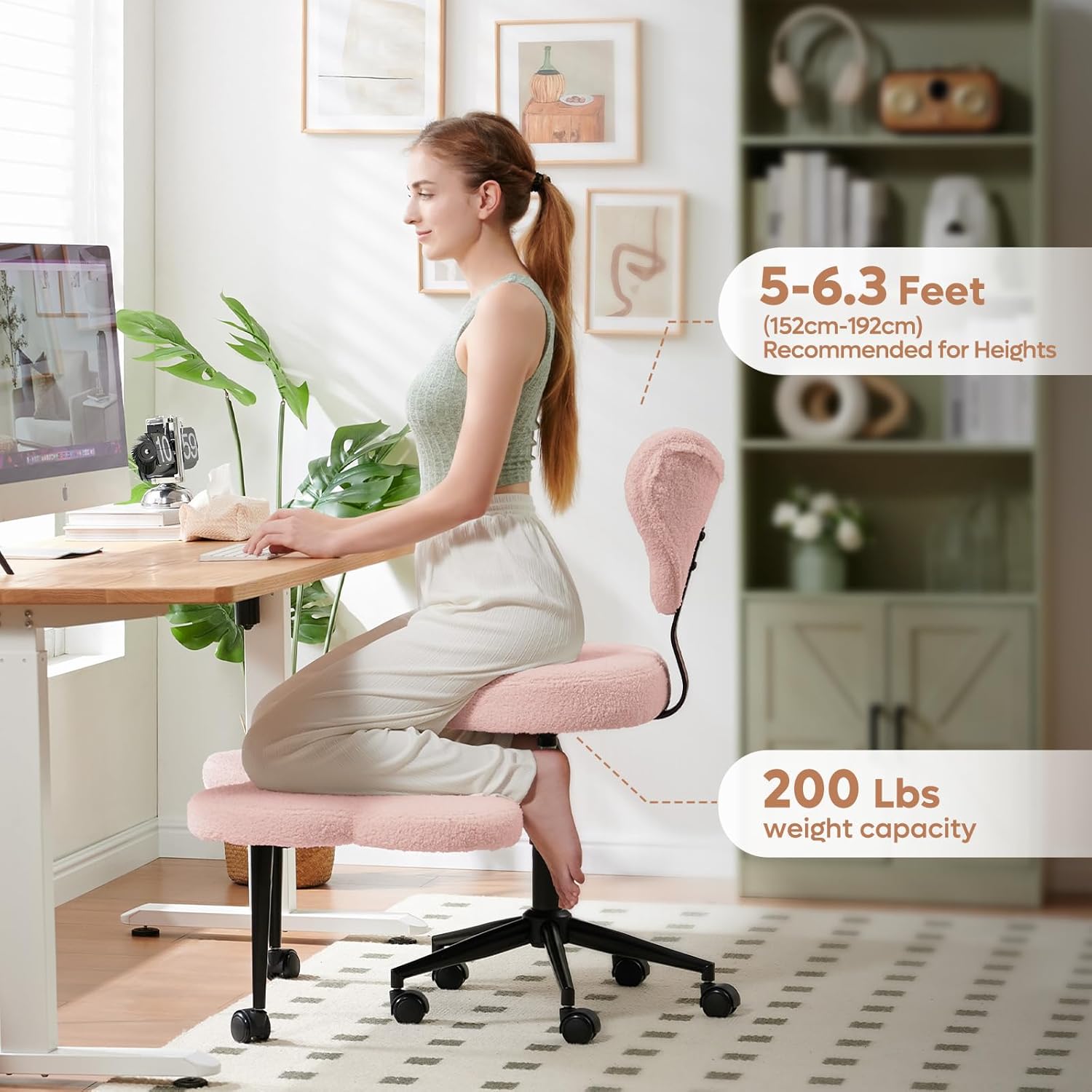 Ergonomic Cross Legged Chair, 360° Swivel Meditation Chair with Wheels, Height Adjustable Seat for ADHD, Strong Lumbar Support, Chic Home Office Furniture, Teddy Fabric, Off White