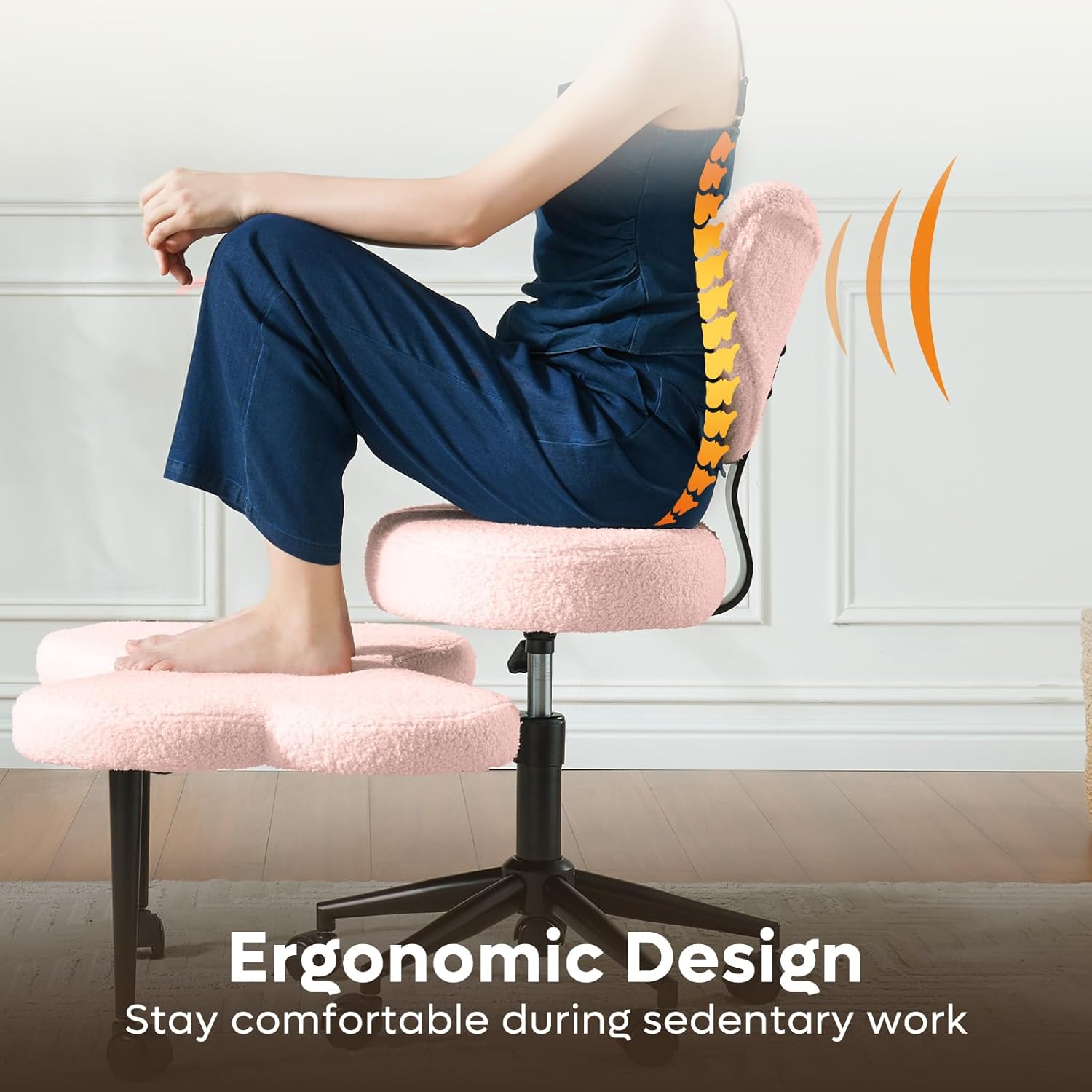 Ergonomic Cross Legged Chair, 360° Swivel Meditation Chair with Wheels, Height Adjustable Seat for ADHD, Strong Lumbar Support, Chic Home Office Furniture, Teddy Fabric, Off White