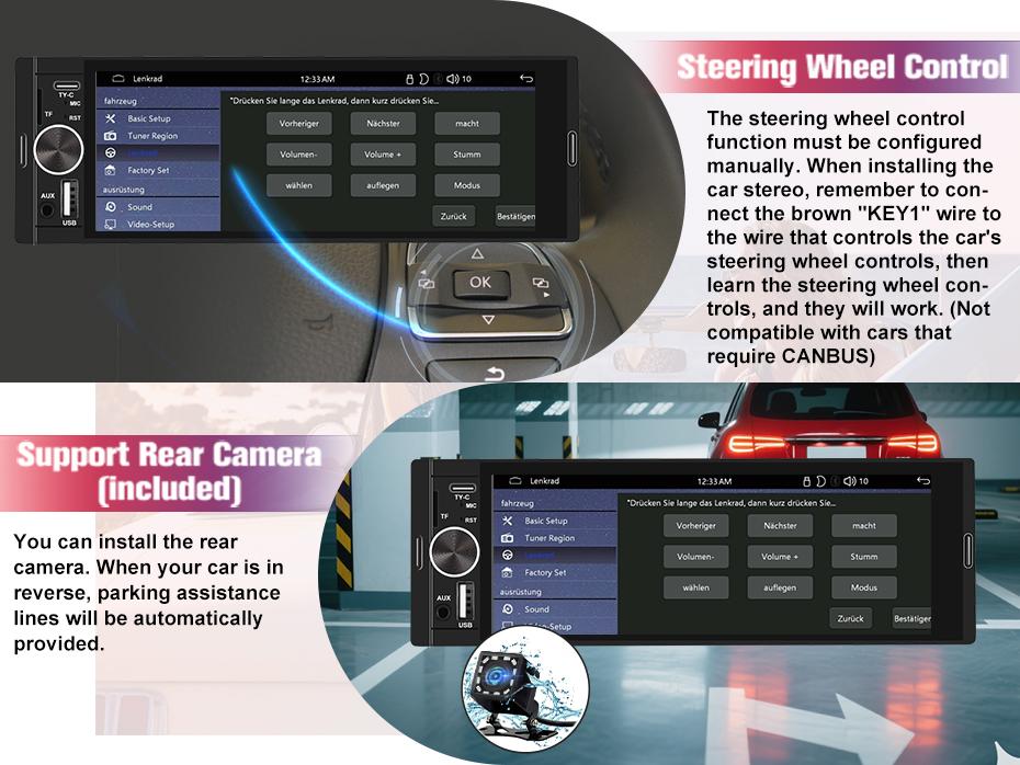 Junsun Single DIN Car Stereo with CarPlay and Android Auto, Radio 1 din with Reversing Camera FM Type-C Port Function