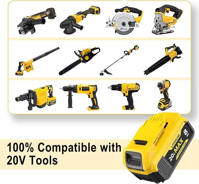 🔋 (Dewalt) Batería de repuesto 20V Max: Batería de iones de litio de 8.0 Ah — Compatible con las herramientas eléctricas inalámbricas de las series Dewalt DCB208, DCB200, DCB206, DCB205 y DCB204.
