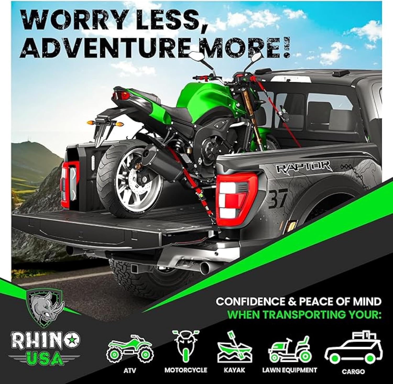 Rhino USA Retractable Ratchet Straps (2-Pack) - 1 Inch x 10 Feet (1,209lb Break Strength) - Heavy Duty Auto Self Retracting Tie Down Straps for Truck, Cargo Trailer, Motorcycle, Rad & More - Black