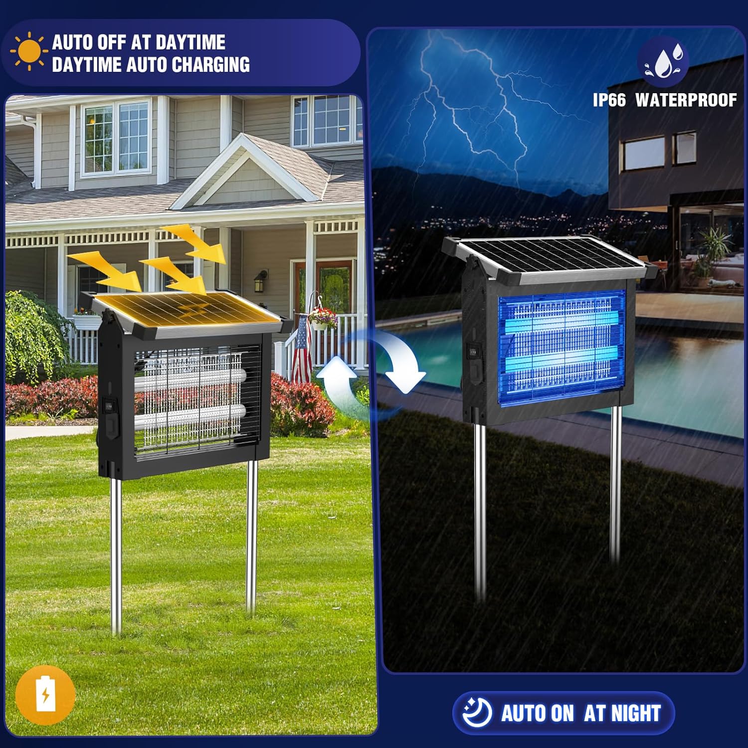 Solar Bug Zapper Outdoor, Wireless Portable Camping Mosquito Zapper with Panel Sensor, Fly Traps with 10FT Extension Cord, Fly Zapper, Mosquito Killer, Electric Trap Ideal for Home, Patio, Backyard