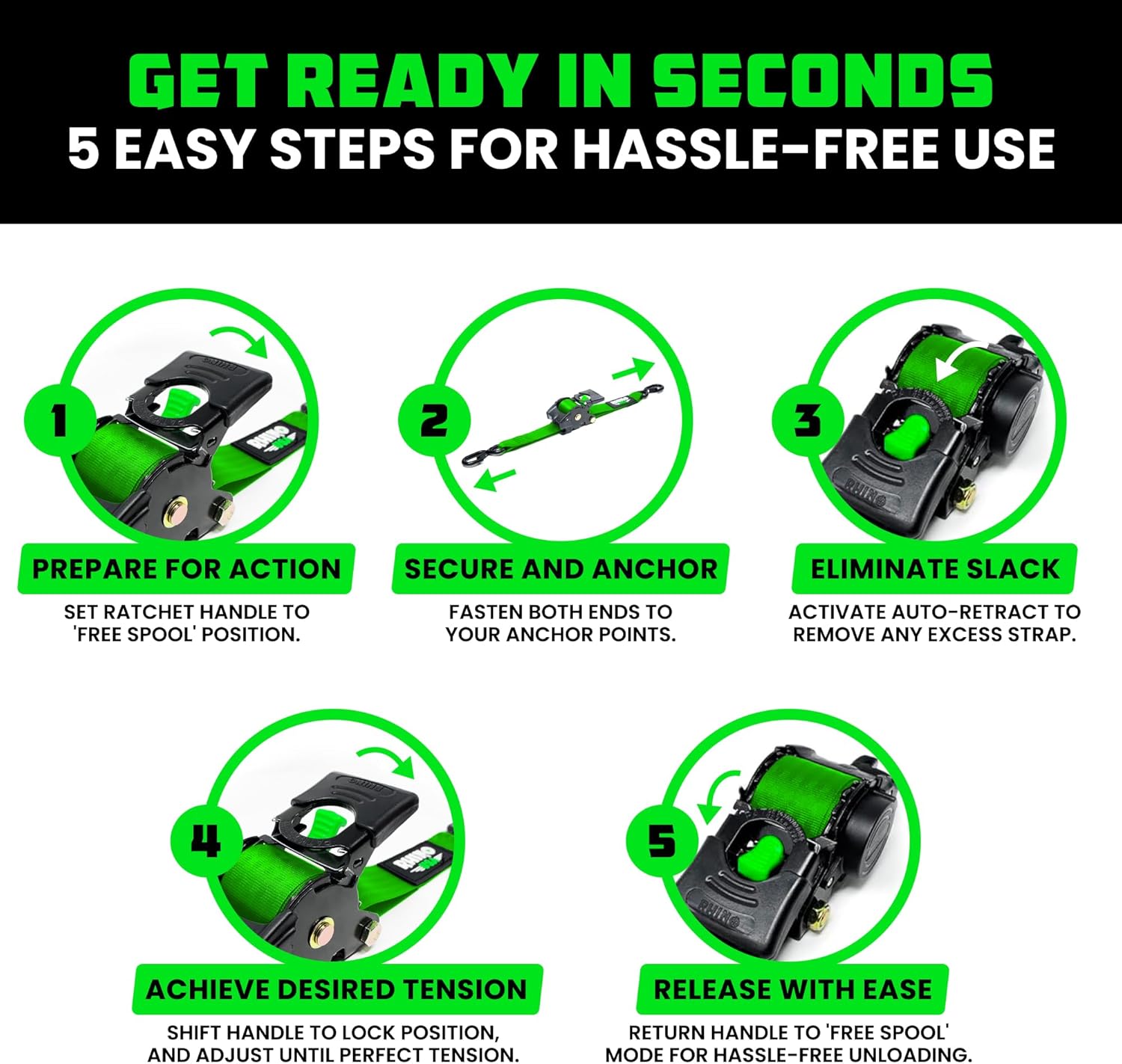 Rhino USA Retractable Ratchet Straps (2-Pack) - 1 Inch x 10 Feet (1,209lb Break Strength) - Heavy Duty Auto Self Retracting Tie Down Straps for Truck, Cargo Trailer, Motorcycle, Rad & More - Black