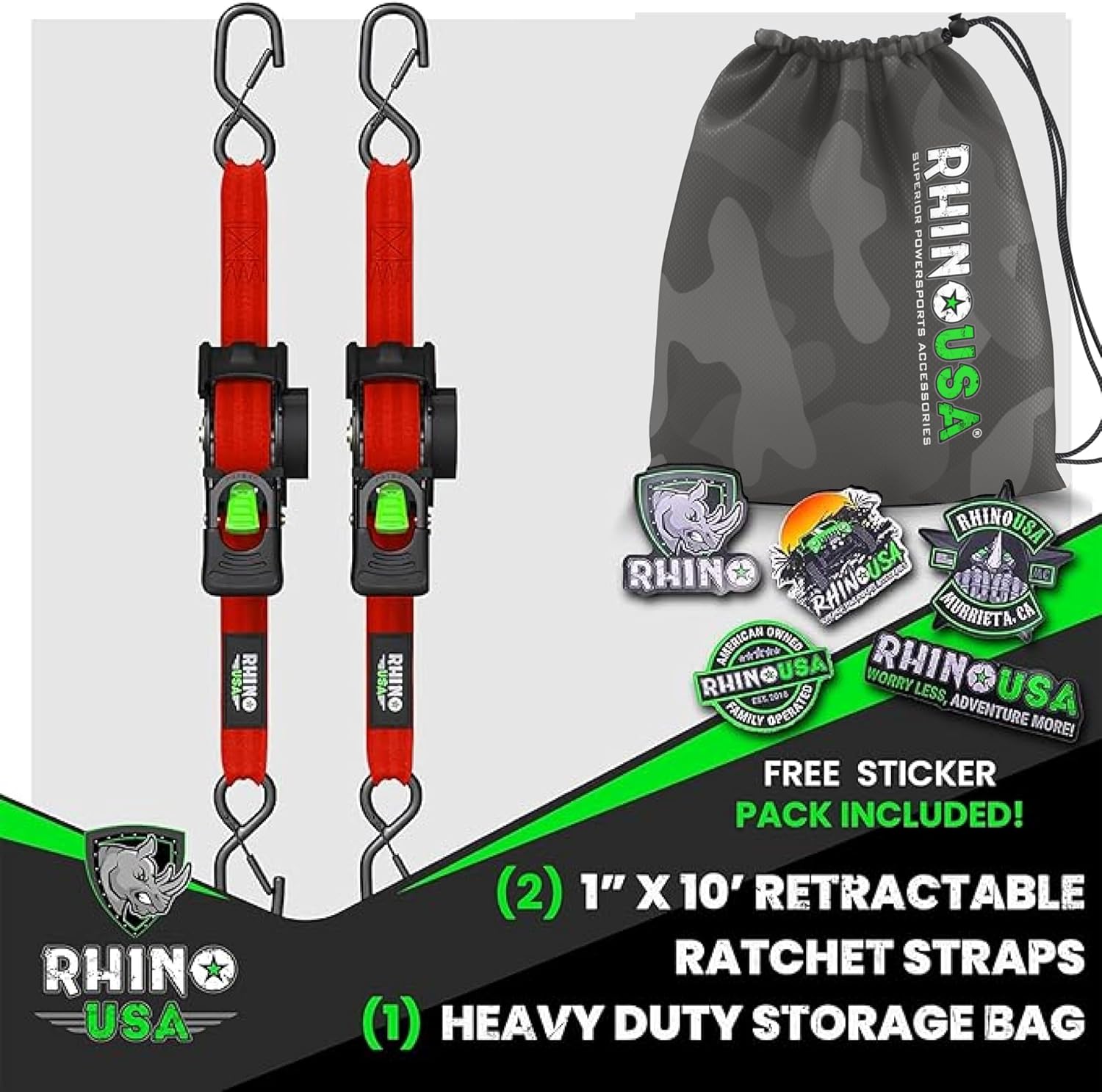 Rhino USA Retractable Ratchet Straps (2-Pack) - 1 Inch x 10 Feet (1,209lb Break Strength) - Heavy Duty Auto Self Retracting Tie Down Straps for Truck, Cargo Trailer, Motorcycle, Rad & More - Black
