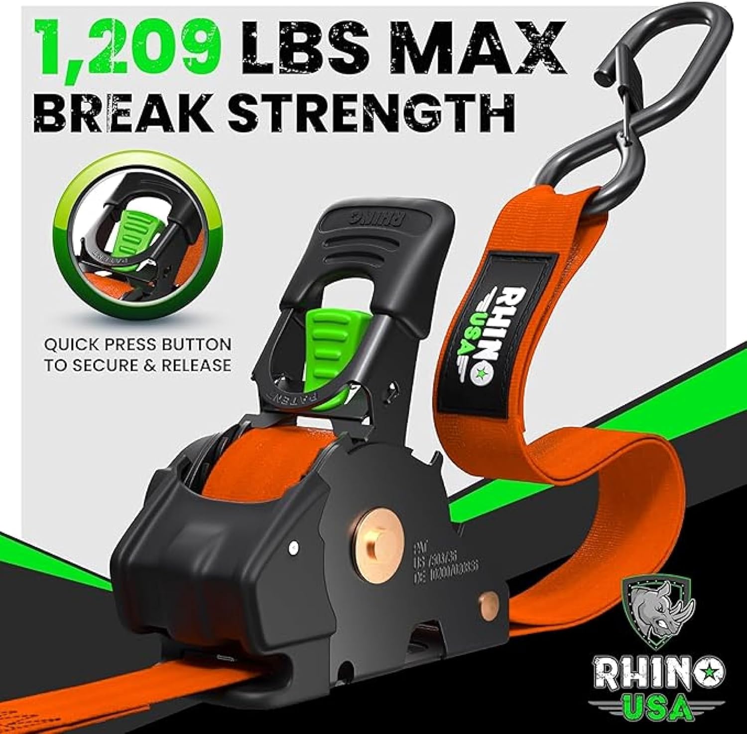 Rhino USA Retractable Ratchet Straps (2-Pack) - 1 Inch x 10 Feet (1,209lb Break Strength) - Heavy Duty Auto Self Retracting Tie Down Straps for Truck, Cargo Trailer, Motorcycle, Rad & More - Black