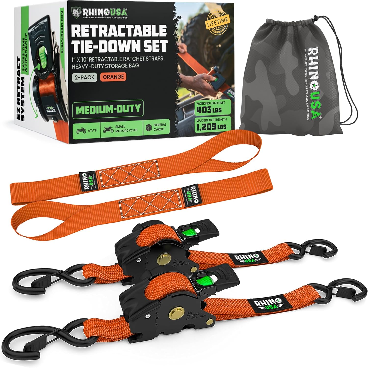 Rhino USA Retractable Ratchet Straps (2-Pack) - 1 Inch x 10 Feet (1,209lb Break Strength) - Heavy Duty Auto Self Retracting Tie Down Straps for Truck, Cargo Trailer, Motorcycle, Rad & More - Black