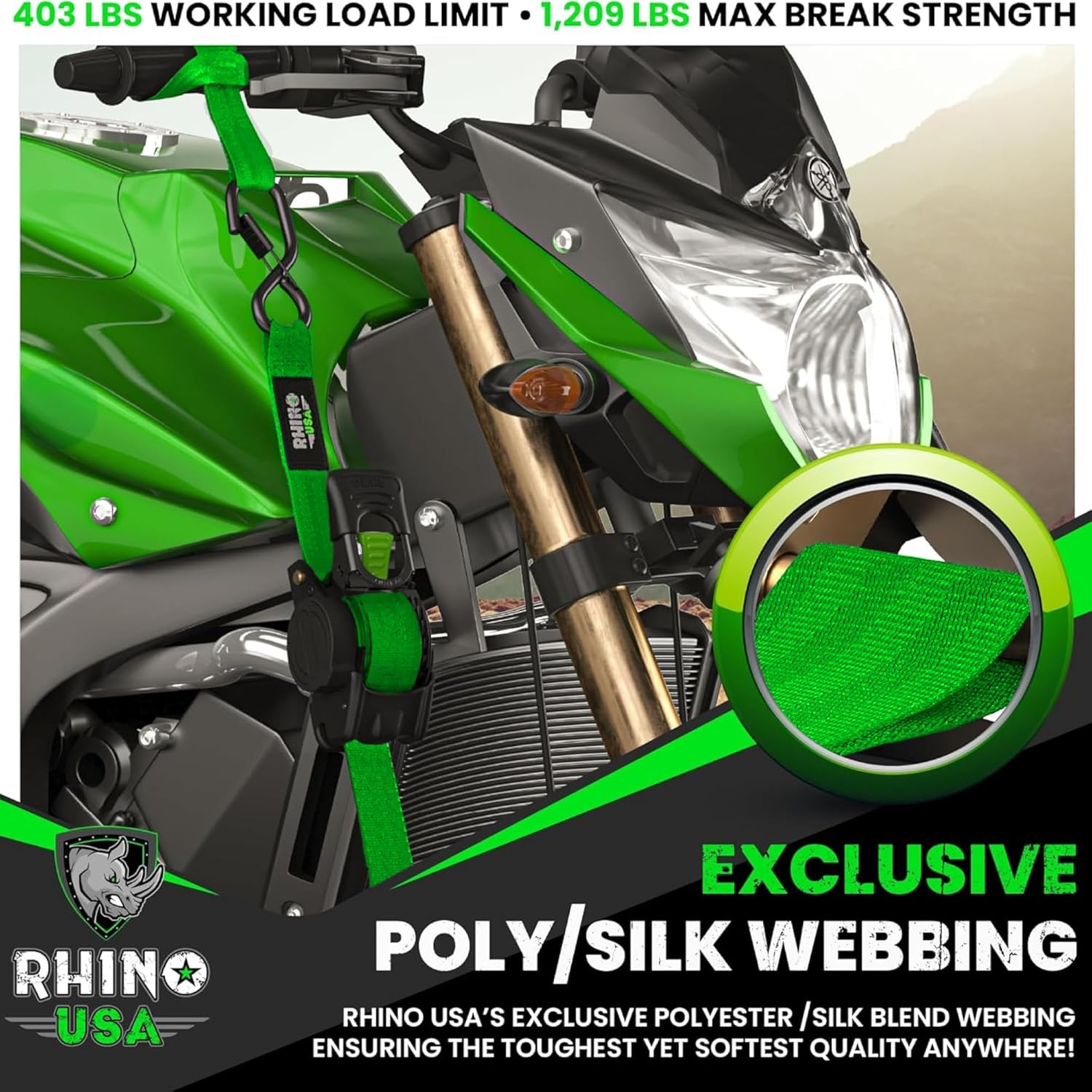 Rhino USA Retractable Ratchet Straps (2-Pack) - 1 Inch x 10 Feet (1,209lb Break Strength) - Heavy Duty Auto Self Retracting Tie Down Straps for Truck, Cargo Trailer, Motorcycle, Rad & More - Black