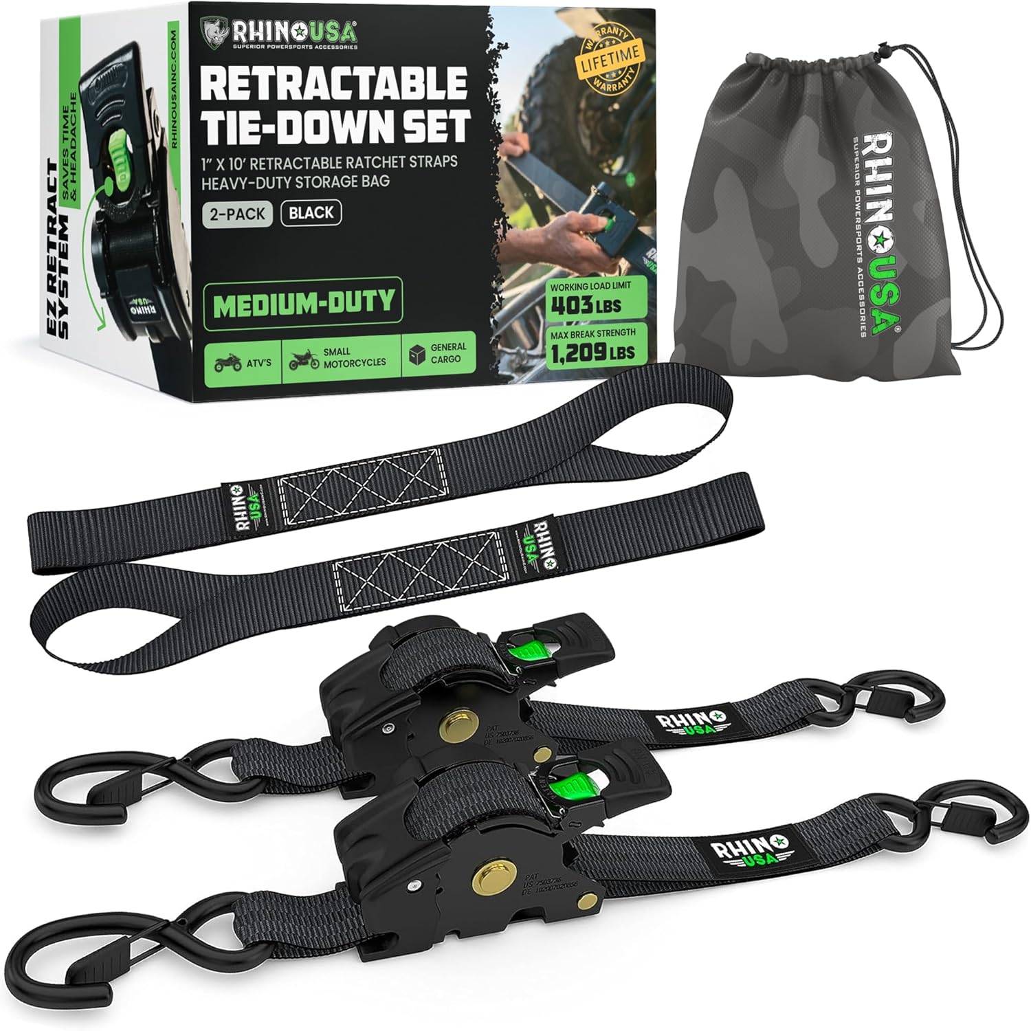 Rhino USA Retractable Ratchet Straps (2-Pack) - 1 Inch x 10 Feet (1,209lb Break Strength) - Heavy Duty Auto Self Retracting Tie Down Straps for Truck, Cargo Trailer, Motorcycle, Rad & More - Black