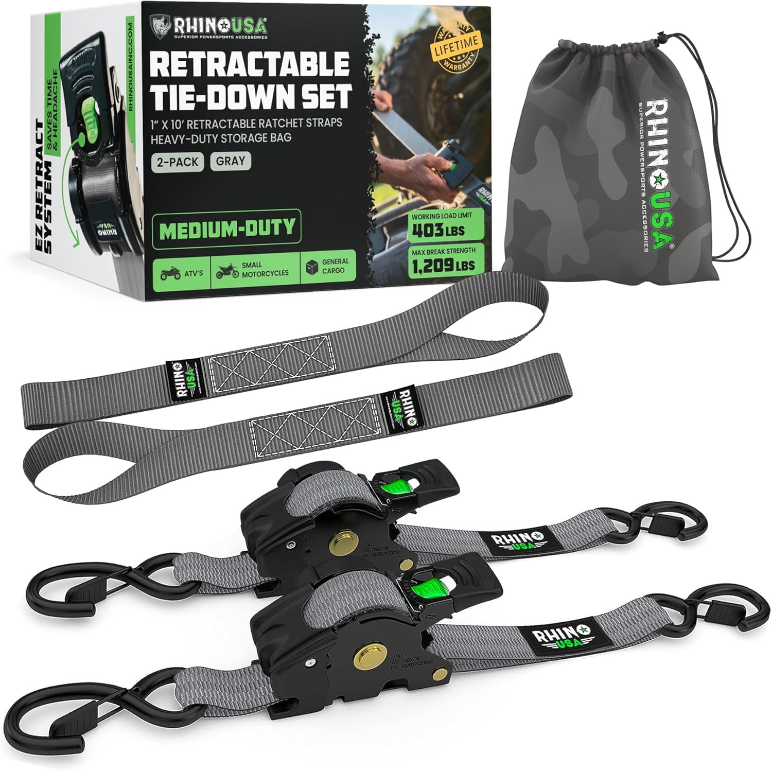 Rhino USA Retractable Ratchet Straps (2-Pack) - 1 Inch x 10 Feet (1,209lb Break Strength) - Heavy Duty Auto Self Retracting Tie Down Straps for Truck, Cargo Trailer, Motorcycle, Rad & More - Black