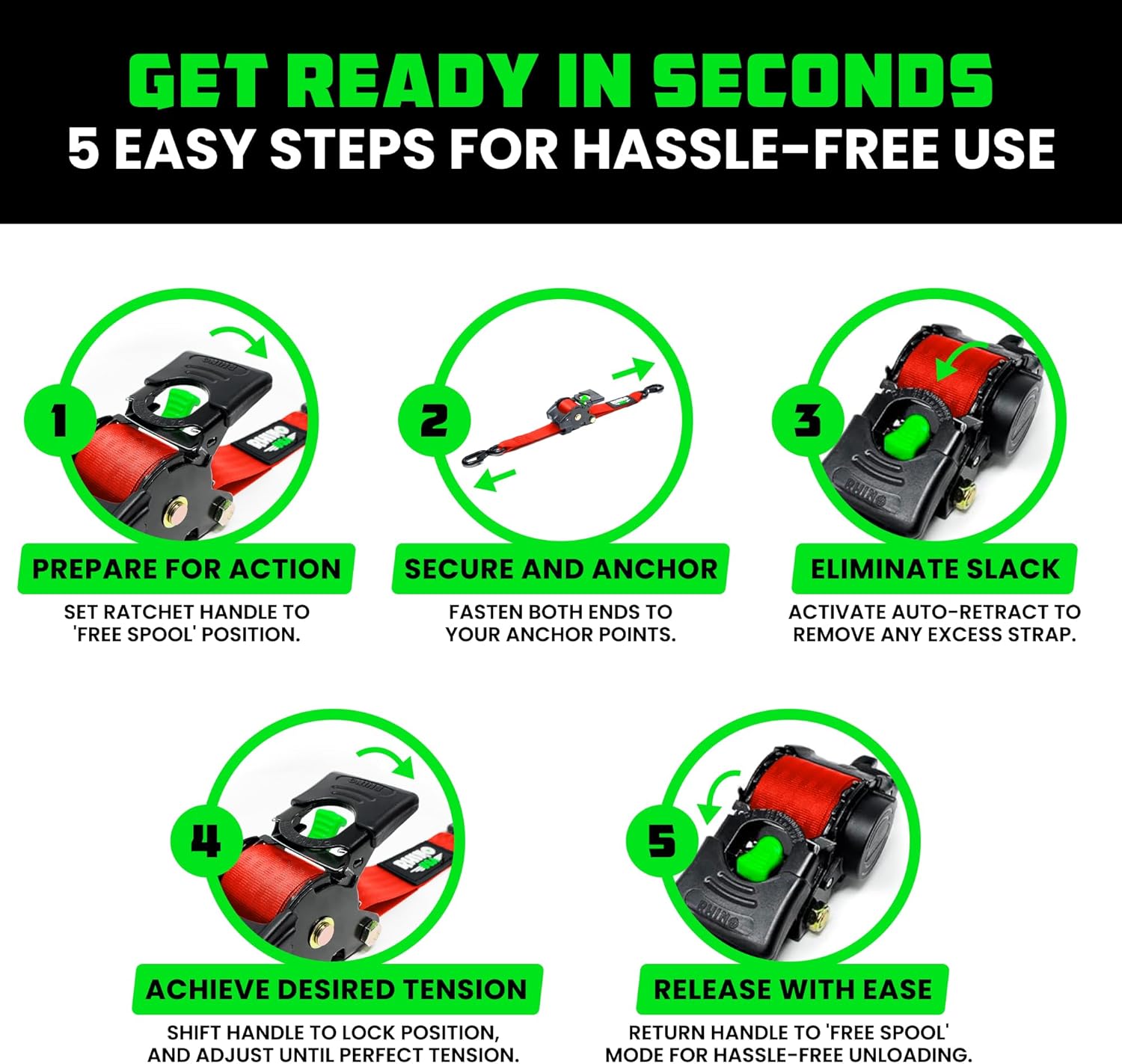 Rhino USA Retractable Ratchet Straps (2-Pack) - 1 Inch x 10 Feet (1,209lb Break Strength) - Heavy Duty Auto Self Retracting Tie Down Straps for Truck, Cargo Trailer, Motorcycle, Rad & More - Black