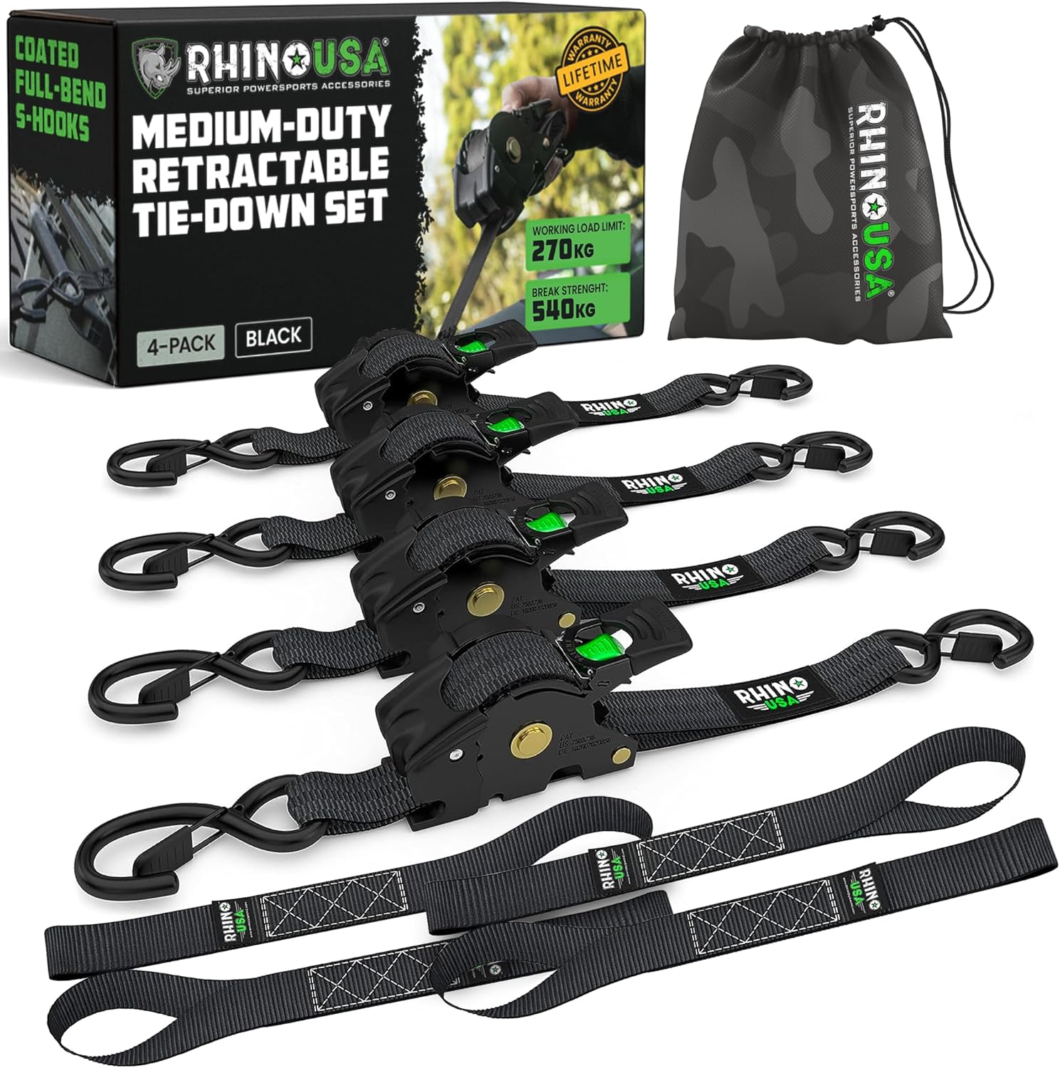 Rhino USA Retractable Ratchet Straps (2-Pack) - 1 Inch x 10 Feet (1,209lb Break Strength) - Heavy Duty Auto Self Retracting Tie Down Straps for Truck, Cargo Trailer, Motorcycle, Rad & More - Black