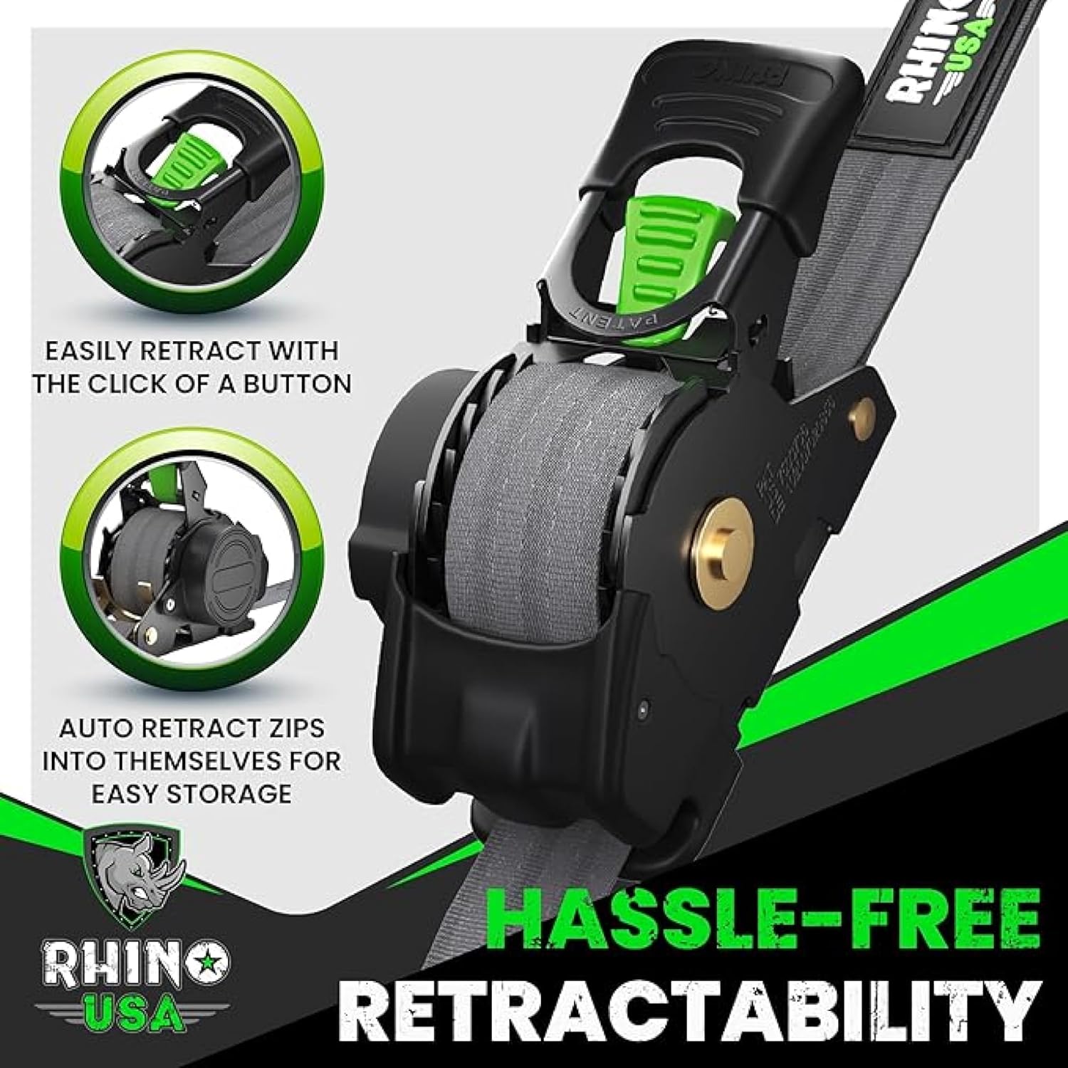 Rhino USA Retractable Ratchet Straps (2-Pack) - 1 Inch x 10 Feet (1,209lb Break Strength) - Heavy Duty Auto Self Retracting Tie Down Straps for Truck, Cargo Trailer, Motorcycle, Rad & More - Black