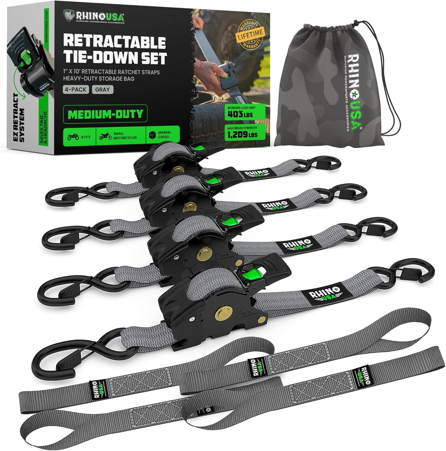 Rhino USA Retractable Ratchet Straps (2-Pack) - 1 Inch x 10 Feet (1,209lb Break Strength) - Heavy Duty Auto Self Retracting Tie Down Straps for Truck, Cargo Trailer, Motorcycle, Rad & More - Black