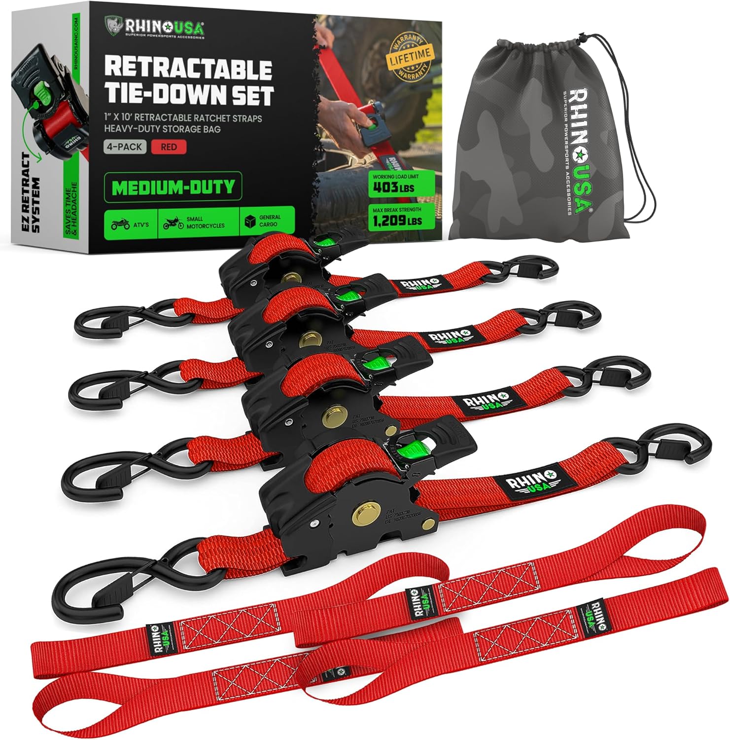 Rhino USA Retractable Ratchet Straps (2-Pack) - 1 Inch x 10 Feet (1,209lb Break Strength) - Heavy Duty Auto Self Retracting Tie Down Straps for Truck, Cargo Trailer, Motorcycle, Rad & More - Black
