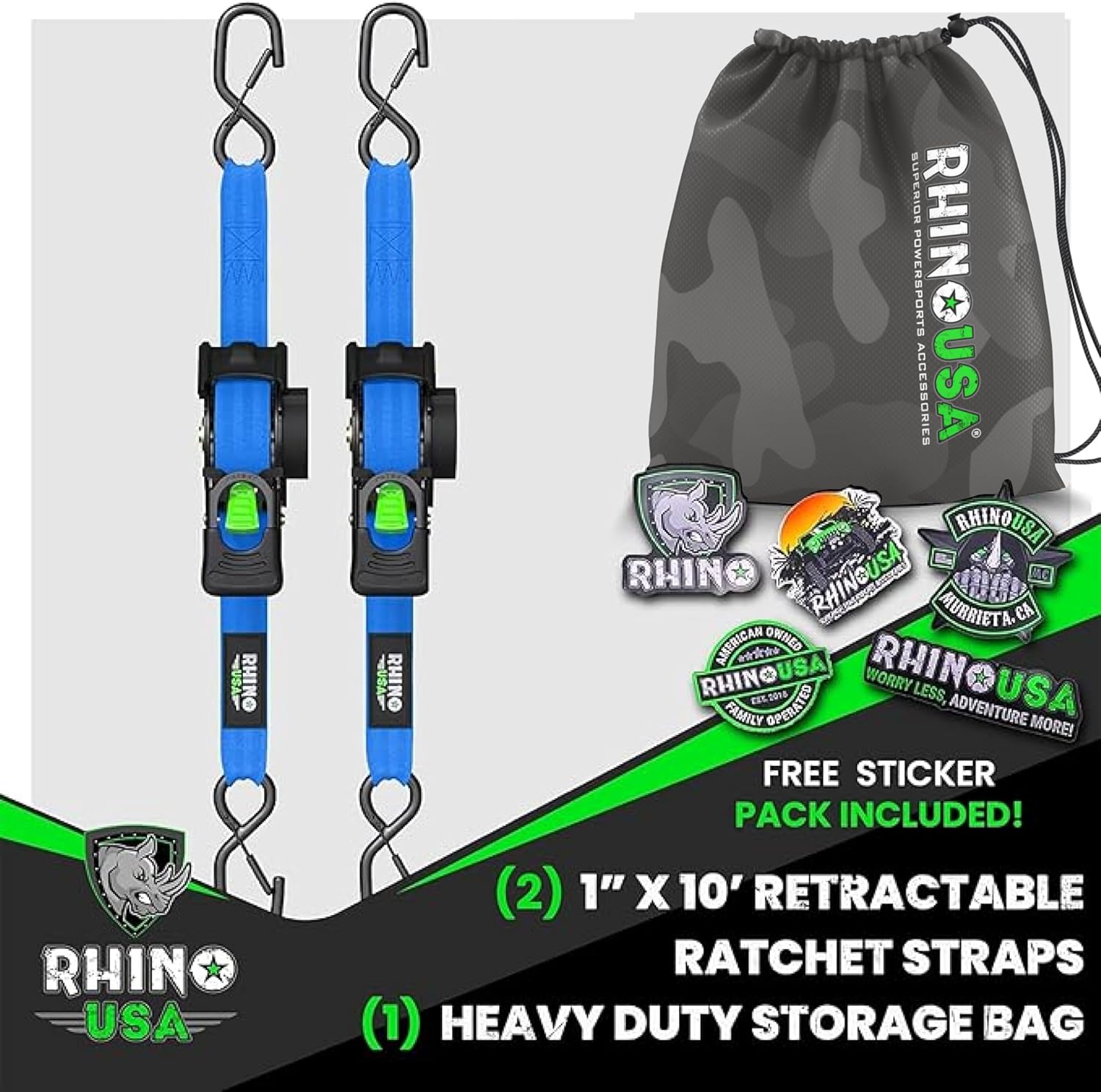 Rhino USA Retractable Ratchet Straps (2-Pack) - 1 Inch x 10 Feet (1,209lb Break Strength) - Heavy Duty Auto Self Retracting Tie Down Straps for Truck, Cargo Trailer, Motorcycle, Rad & More - Black