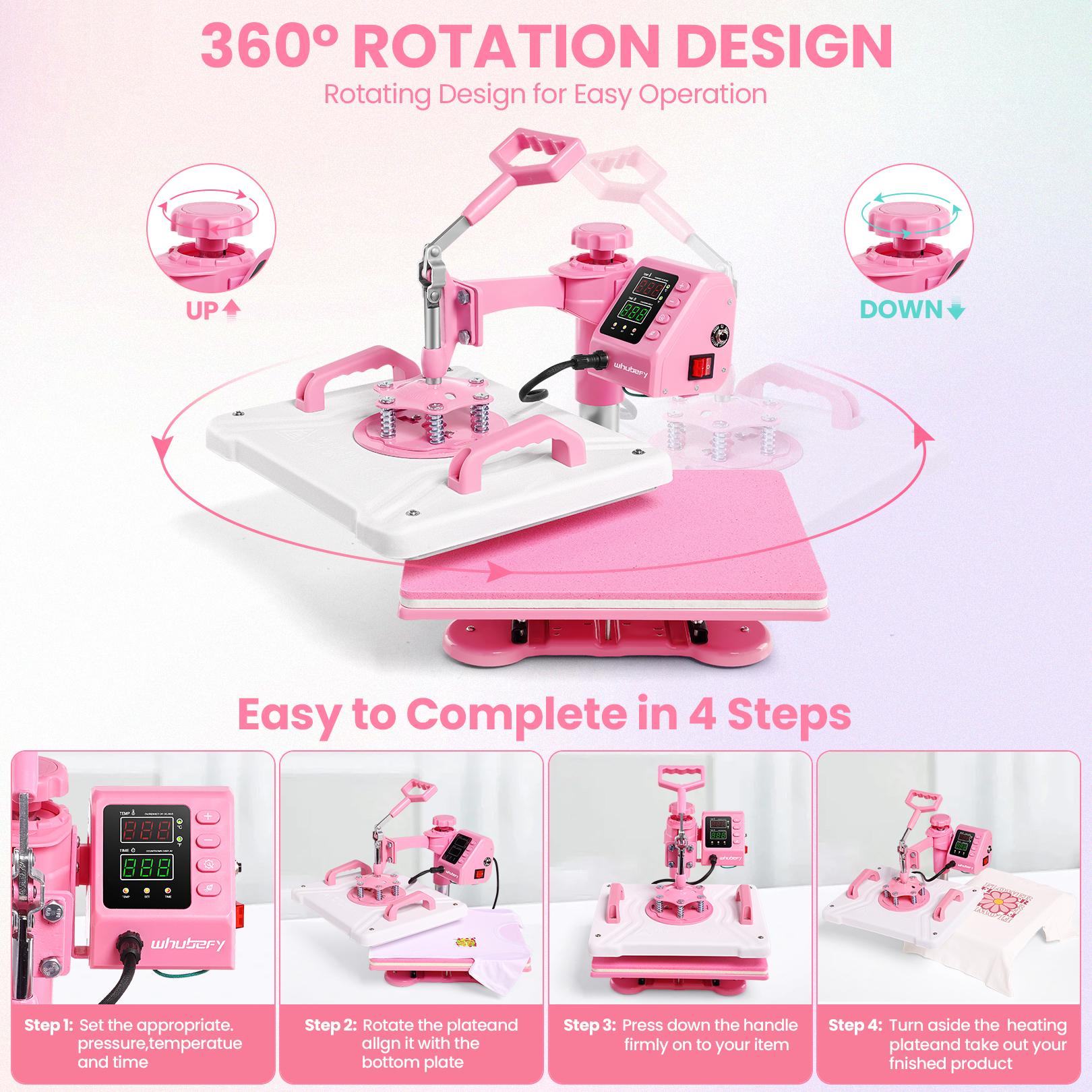 AKEYDIY Pink 15''x12'' Heat Press Machine for Tshirts, 5 in 1 Heat Transfer Machine, Heat Printing Press for Sublimation Combo with 360&deg; Swing Away for Hat Cap Mug Plate, Beginner-friendly, Christmas Gifts Design Handicraft, mothersdaygift