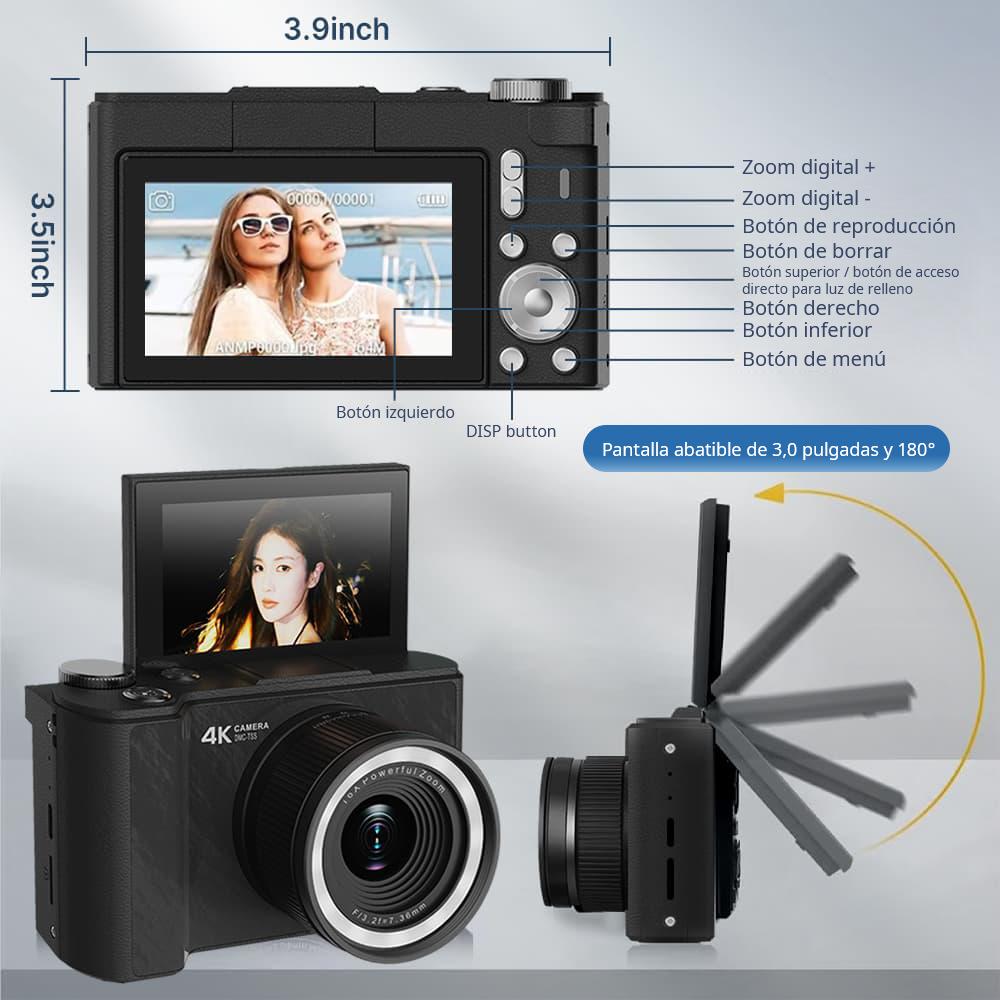 Cámara digital 4K para fotografía, cámara portátil con pantalla plegable estilo Y2K para videoblogs, con tarjeta SD de 32 GB, correa para la muñeca, temporizador automático, estabilización de imagen, zoom digital de 16x. Regalo ideal para niñas, niños y p