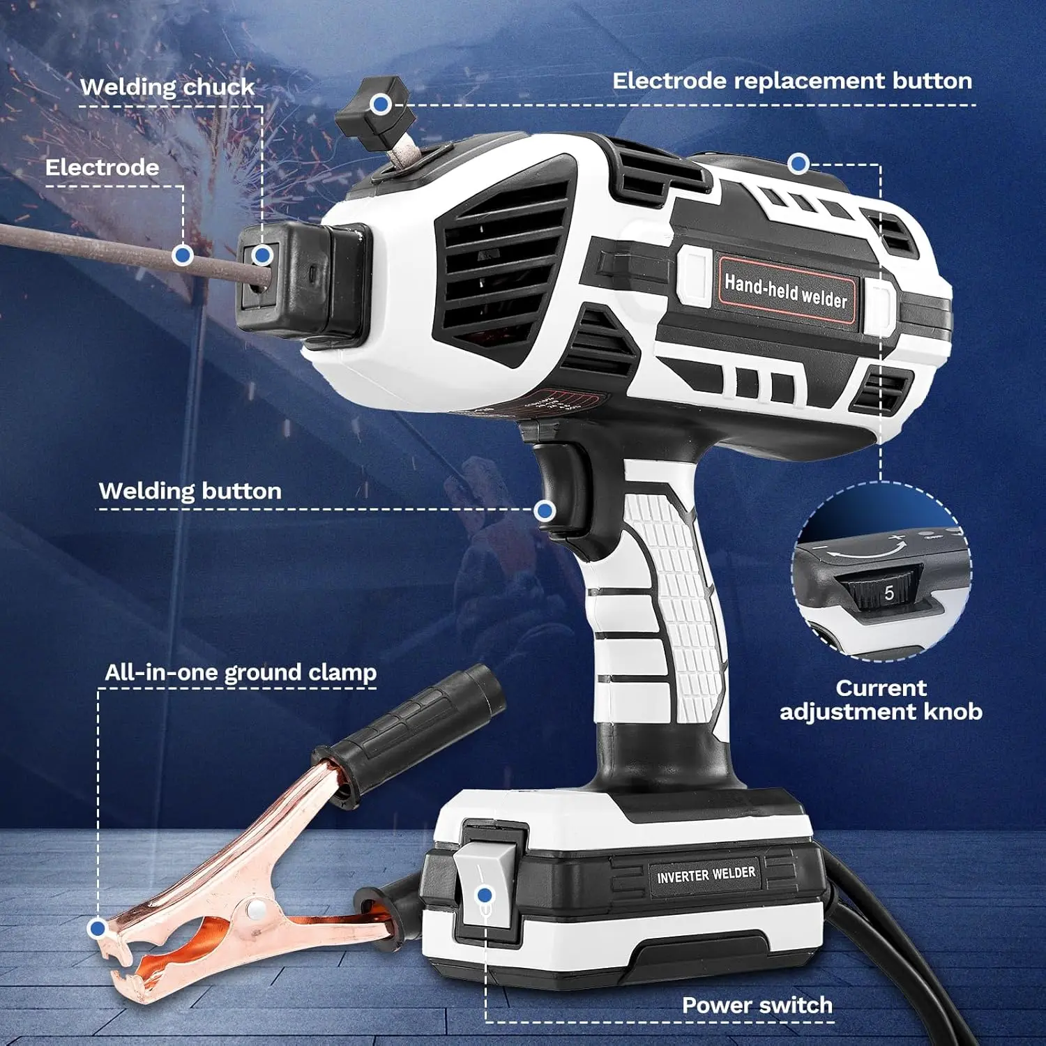 Soldadora de arco portátil FIRMOAK – Soldadora inversora IGBT portátil de 110 V, corriente ajustable en 5 niveles, compatible con electrodos de 3/32 pulgadas, incluye un juego completo de herramientas y accesorios.