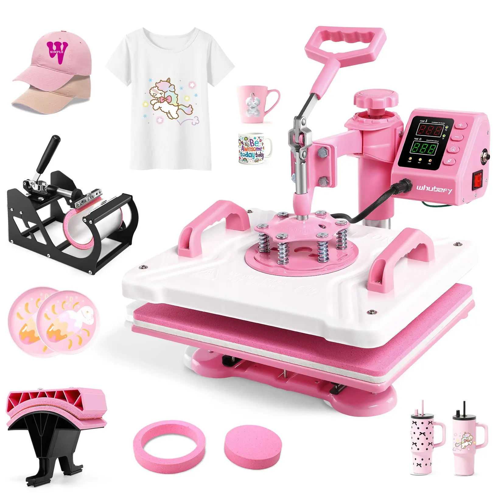 AKEYDIY Pink 15''x12'' Heat Press Machine for Tshirts, 5 in 1 Heat Transfer Machine, Heat Printing Press for Sublimation Combo with 360° Swing Away for Hat Cap Mug Plate, Beginner-friendly, Christmas Gifts Design Handicraft, mothersdaygift
