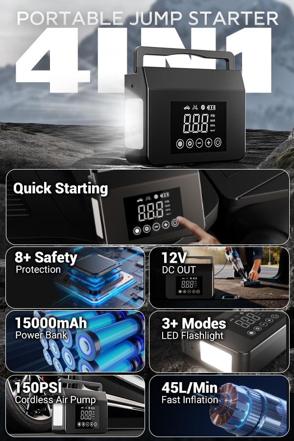 【Hieha】Spring Outing Portable Car Jump Starter, 4000A Car Battery Jump Starter with 150PSI Tire Inflator, 12V Car Battery Jump Starter, 15000mAh Power Bank, with LED Light