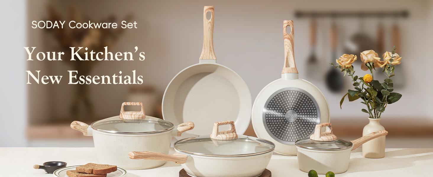 SODAY Pots and Pans Set Non Stick, 12Pcs Kitchen Cookware Sets Non-toxic Healthy Nonstick Kitchen Cooking Set with Frying Pans, Saucepans,Glass lid,Kitchenware,stock up on specials, Aluminium Durable Bakelite Handle , mothersdaygift
