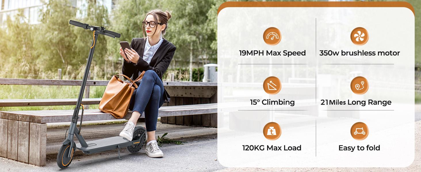 Electric Scooter - 8.5" Solid Tires, 350W Motor, Up to 19MPH& Miles Long-Range Portable Commuting Scooter for Adults with Double Braking System, App