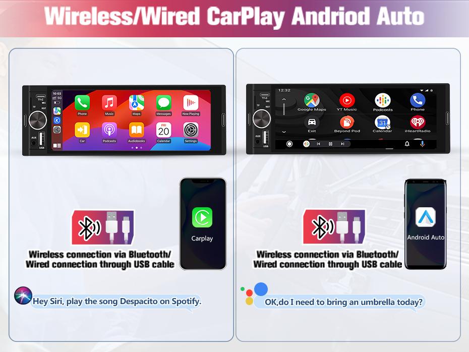 Junsun Single DIN Car Stereo with CarPlay and Android Auto, Radio 1 din with Reversing Camera FM Type-C Port Function