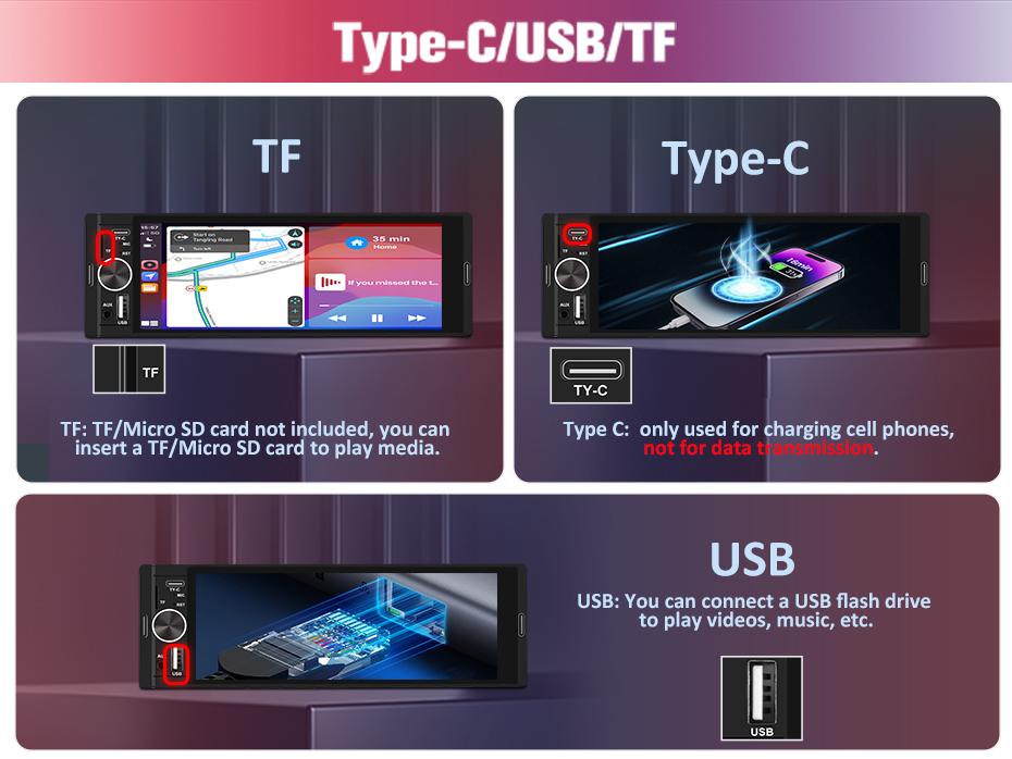 Junsun Single DIN Car Stereo with CarPlay and Android Auto, Radio 1 din with Reversing Camera FM Type-C Port Function