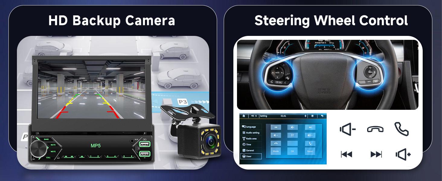 Car Stereo Single Din Touchscreen, 7 Inch Flip Out Car Radio 1 DIN with Bluetooth FM Radio Mirror Link for Android/iOS Phone Support TF/USB + Camera + MIC