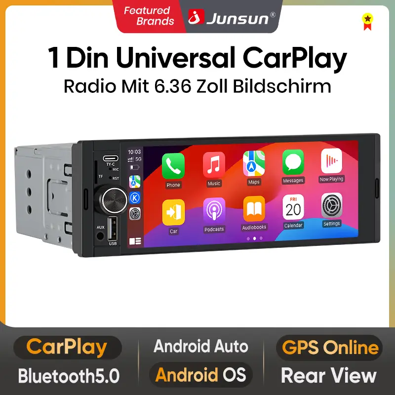 El sistema de audio para automóvil Junsun de un solo DIN es compatible con CarPlay y Android Auto, e incluye cámara de marcha atrás, radio FM e interfaz Tipo-C.