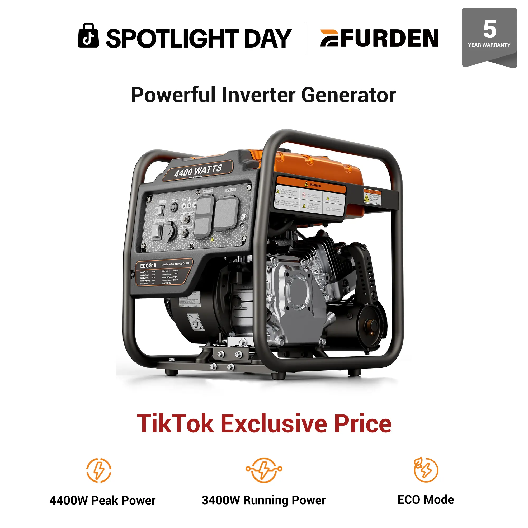 Generador de gasolina con inversor Efurden Power Equipment de 4400 W, portátil, de estructura abierta, bajo nivel de ruido, con modo de ahorro de energía ECO, adecuado para vehículos recreativos y como fuente de alimentación de emergencia para el hogar.