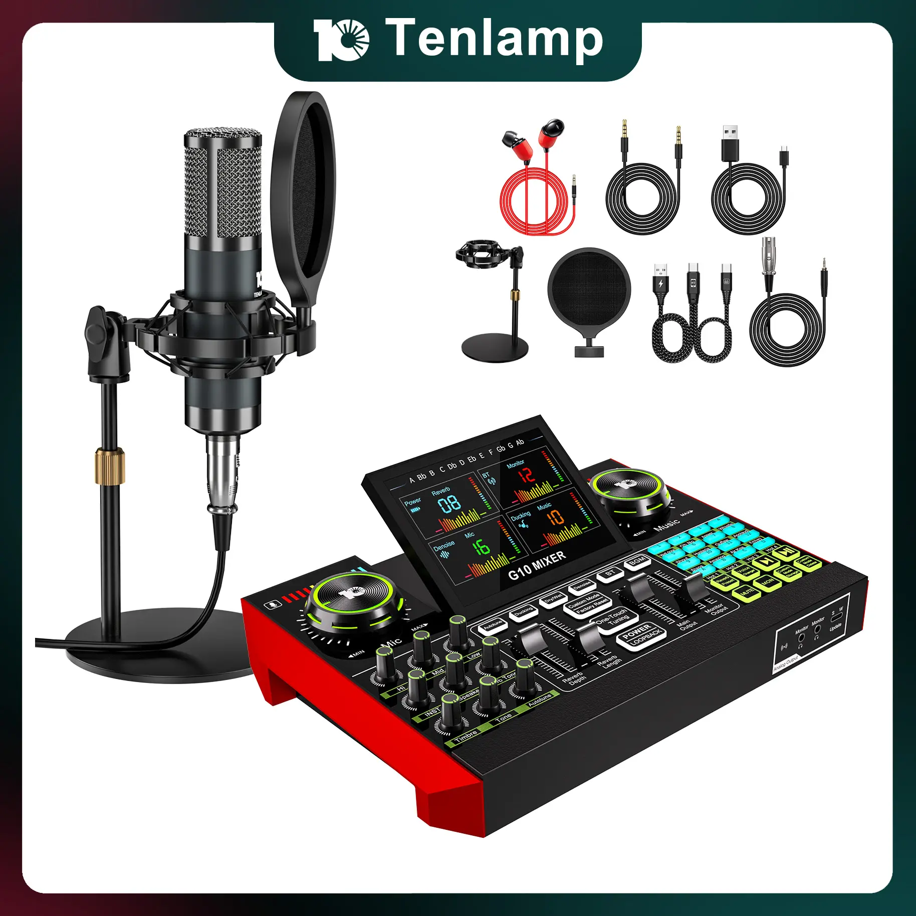 【Live Exclusive】 Tenlamp G10-P15 Mixing Sound Card Kit, customizable sound effects, two-level noise reduction, equipped with a condenser microphone, suitable for livestreaming, gaming, singing, podcasting, and more