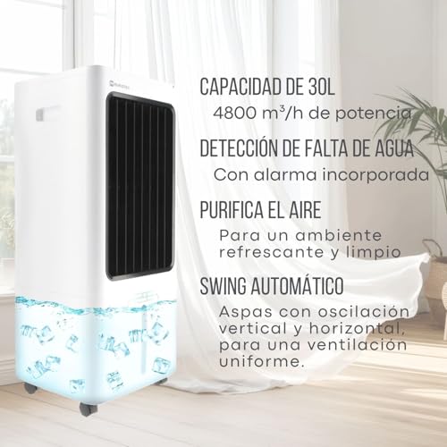 Enfriador de aire evaporativo portátil (4800 m³/h, blanco, 30 L, control remoto, silencioso, 100 W, ahorro de energía): adecuado para hogares, oficinas y áreas exteriores cubiertas.