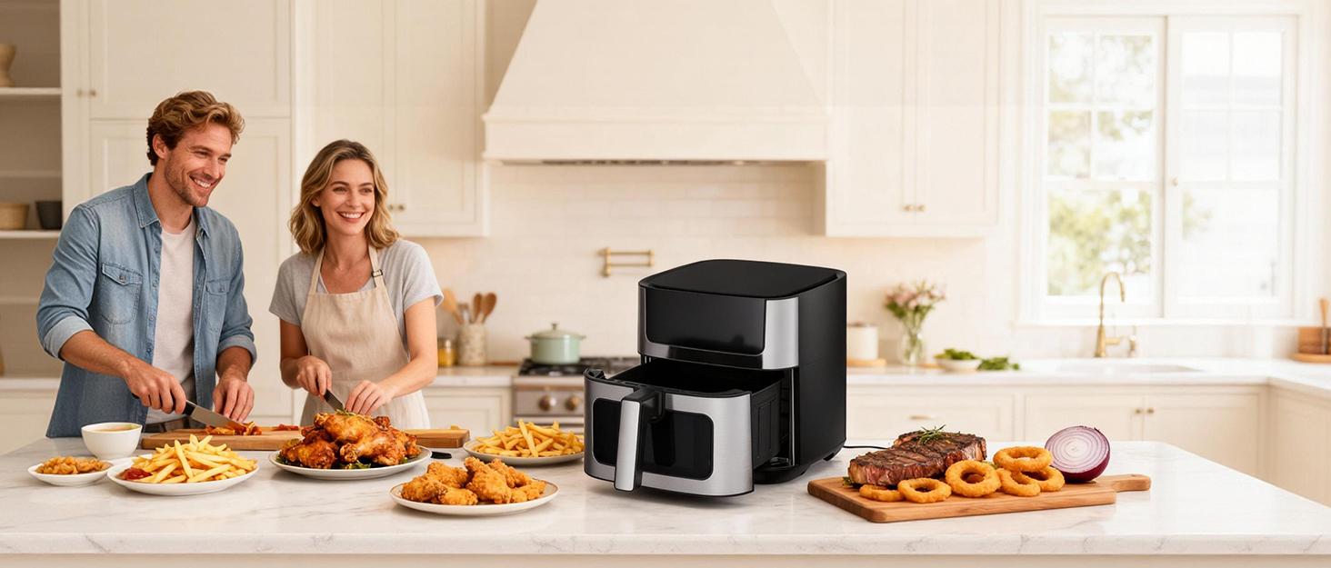Sweetcrispy 6.34QT Air Fryer with Window 8 Food Presets 400°F Max Heat 90-Min Timer Nonstick Dishwasher-Safe Basket for Air Fry Roast Reheat Bake Stainless Steel