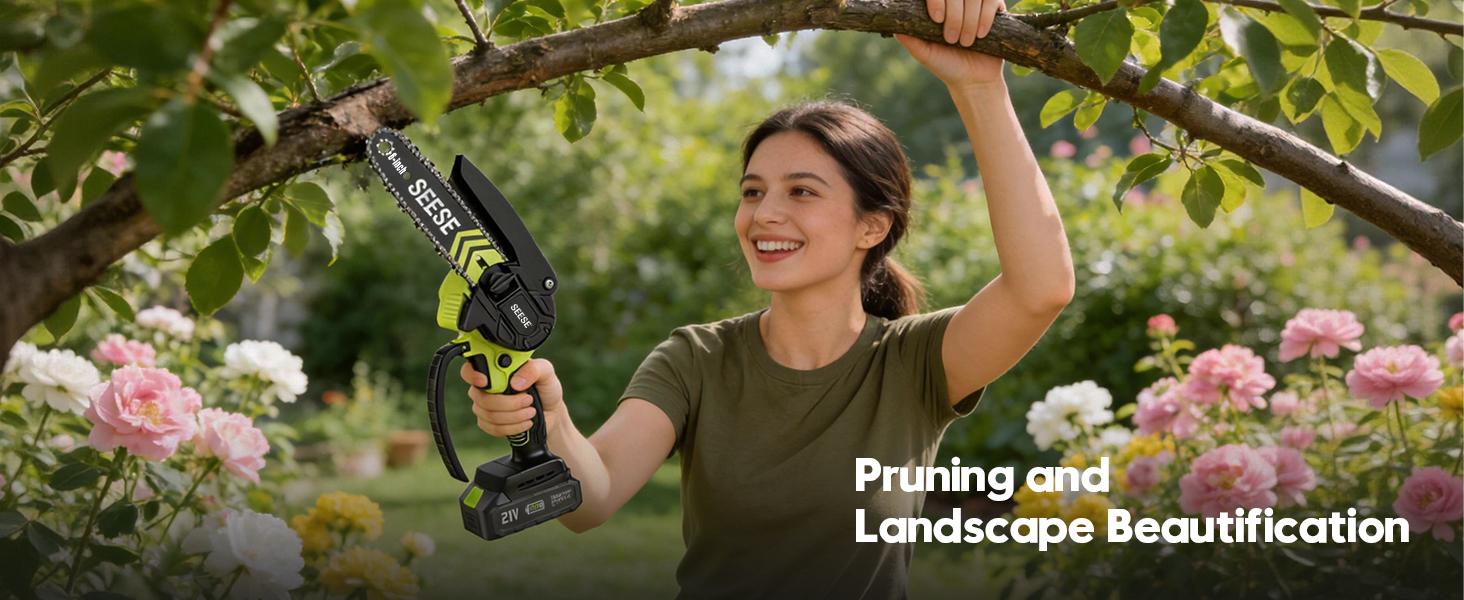 SEESE Brushless Mini ChainSaw Oil System- Portable Electric Cordless Saw for Wood Cutting, Batteries (2000mAh) ,Pruning, Gardening, Camping - Suitable for Seniors, Women Holiday gifts