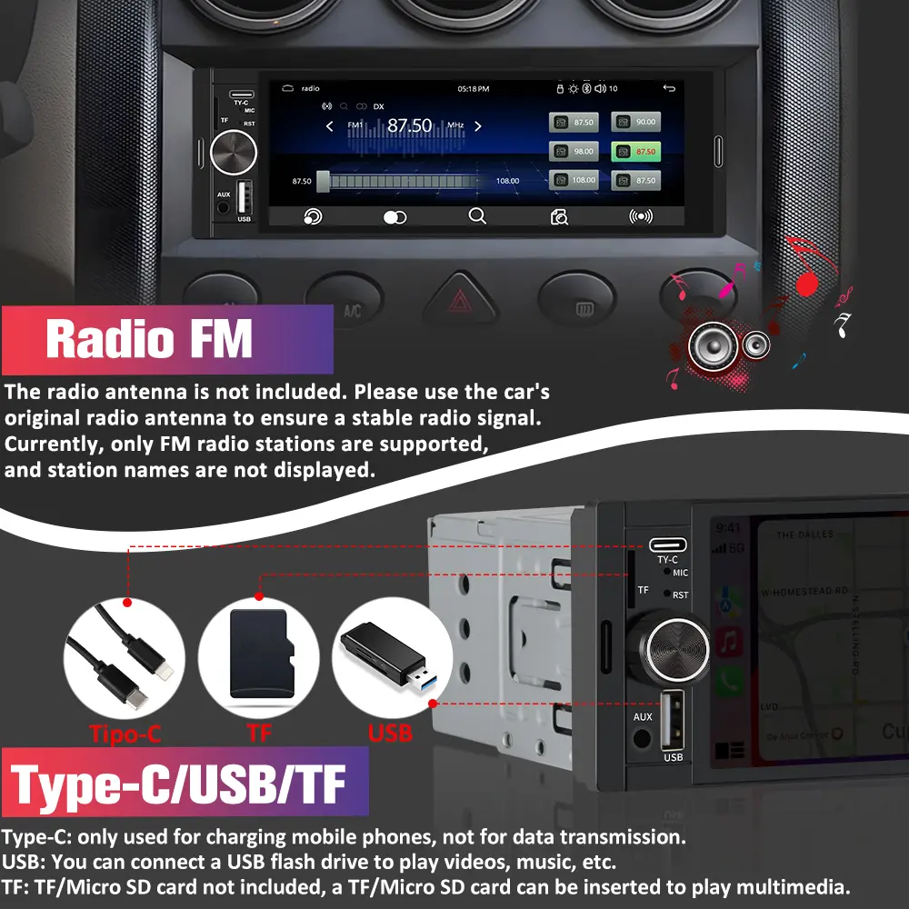 El sistema de audio para automóvil Junsun de un solo DIN es compatible con CarPlay y Android Auto, e incluye cámara de marcha atrás, radio FM e interfaz Tipo-C.